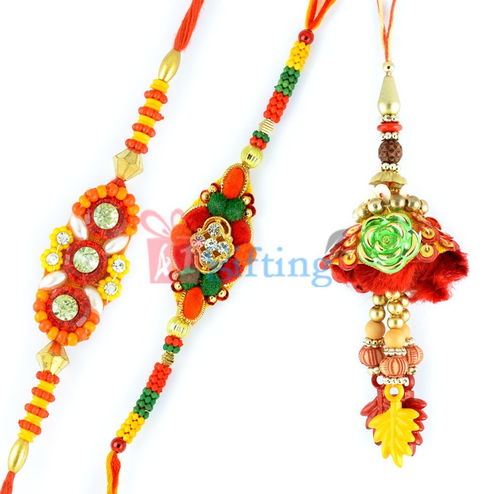 Handsome Set of 3 Rakhis - Colorful Combination of Beads and Diamonds Rakhis