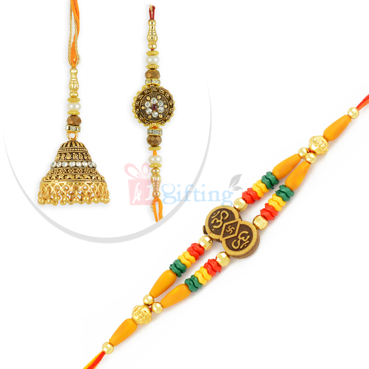 Antique Design Bhaiya Bhabhi Rakhi Set and OM Beads Rakhi