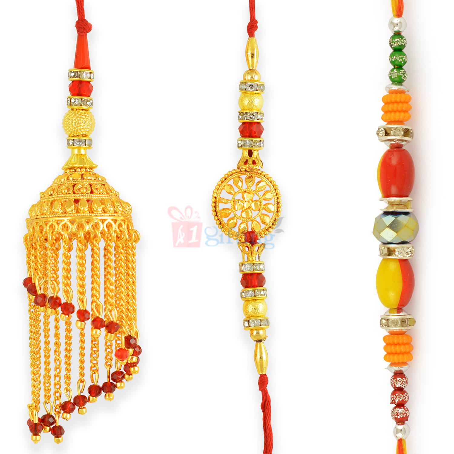 Aesthetic Royal Style Golden Pair Rakhi with Color Beads Rakhi