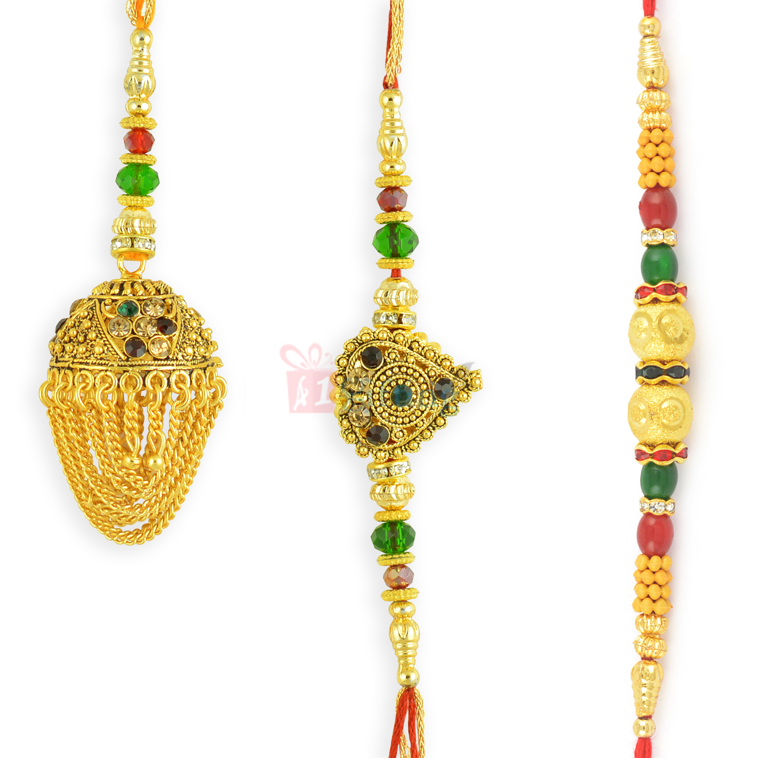 Appealing Rajasthani Style Golden Theme Rakhi Combo of 3