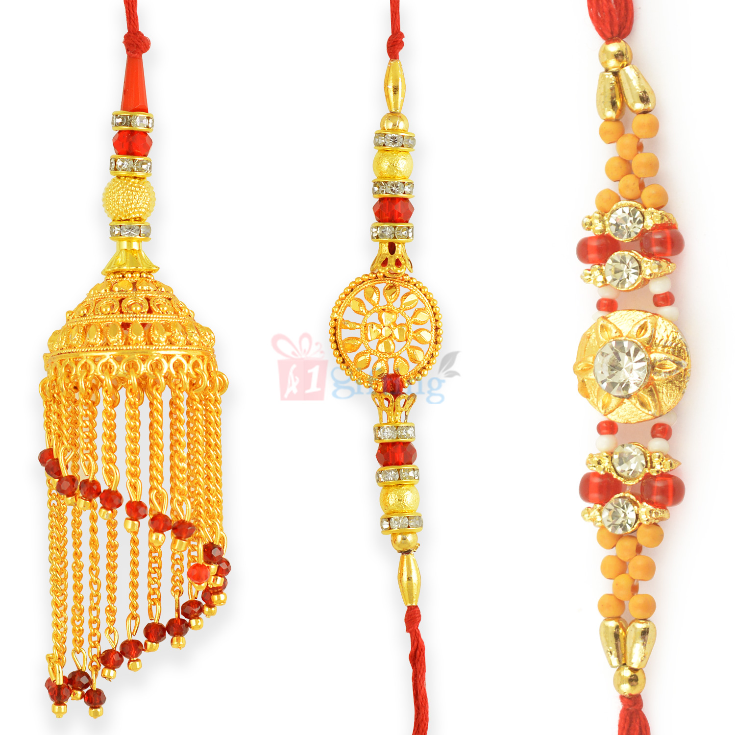 Glorious 2 Golden Bhaiya Rakhi and 1 Lumba for Loving Bhabhi