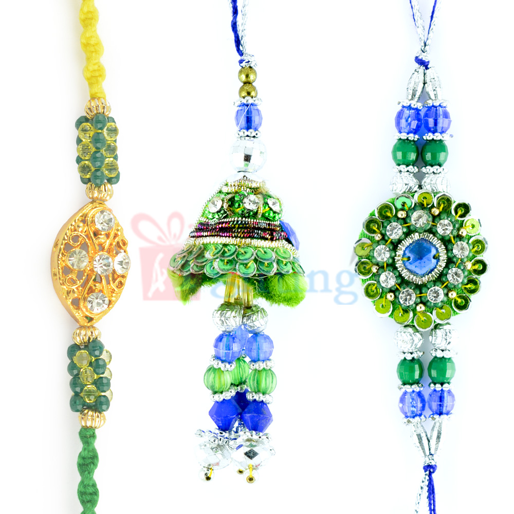 Surprising Tari Work Glass Beads Rakhi Set of 3 Rakhis