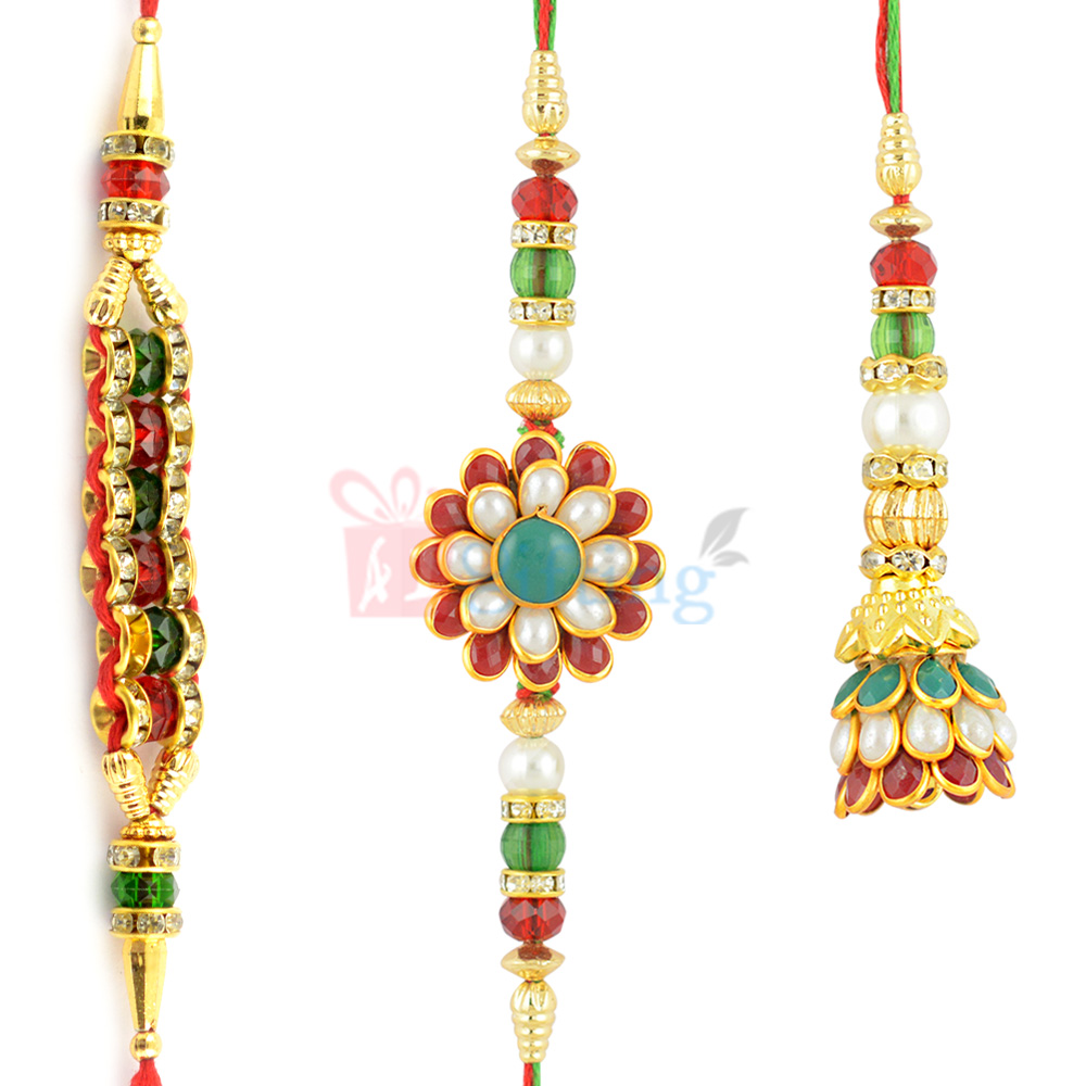 Sparkling Pachchi Work and Glass Golden Beads Rakhi Set
