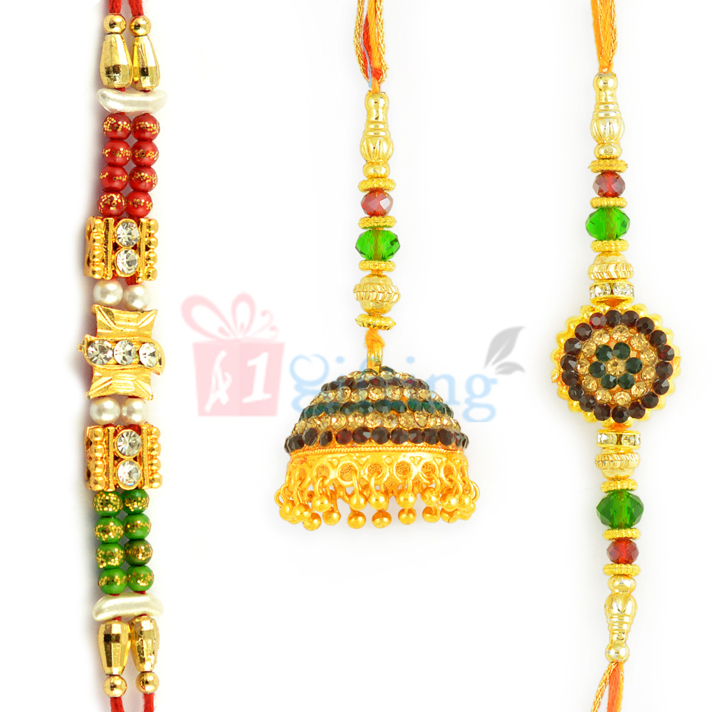 Endeavouring Golden Based Diamond Work Rakhi Set