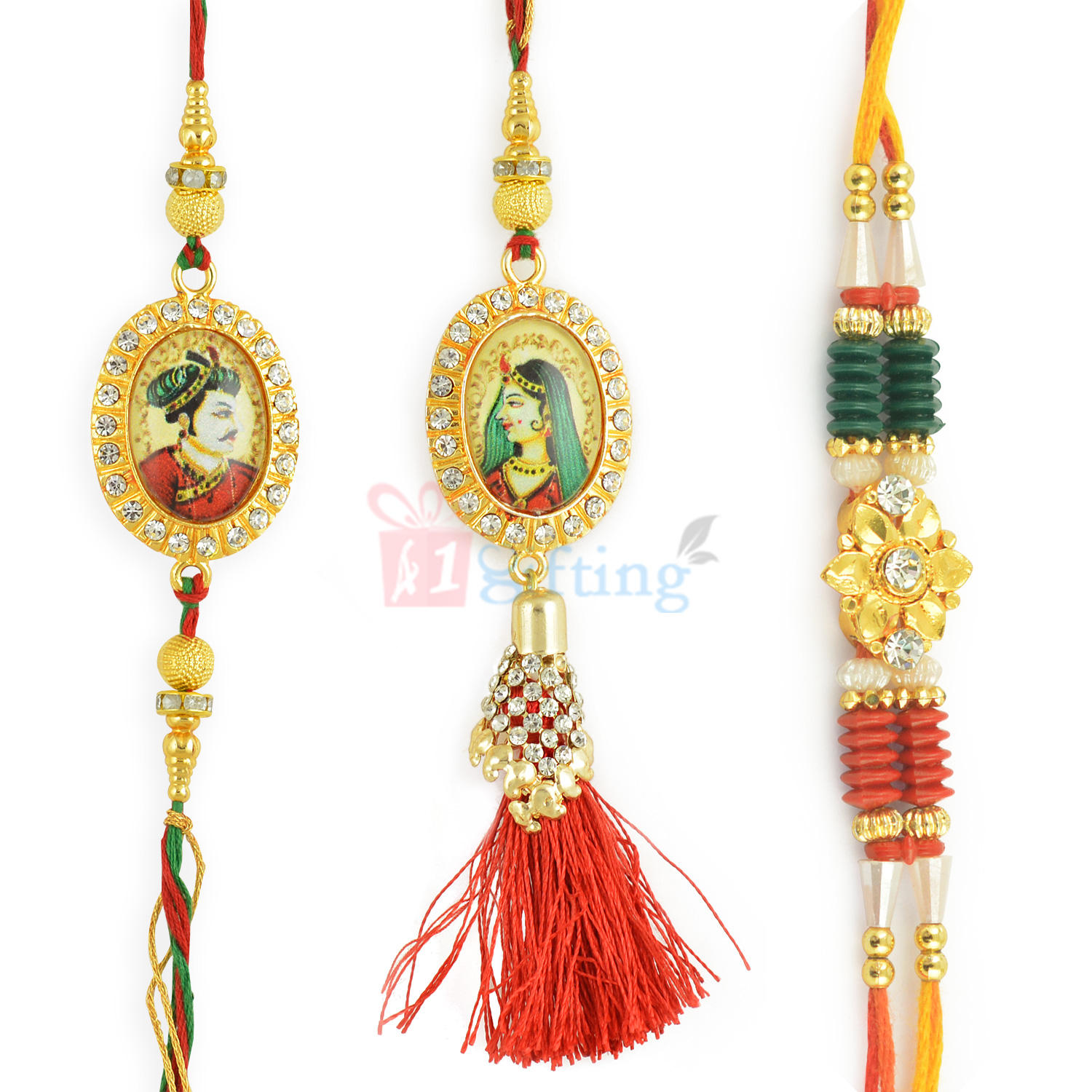 Eye Catching Diamond Golden Work Raja Rani Beads Rakhi Set