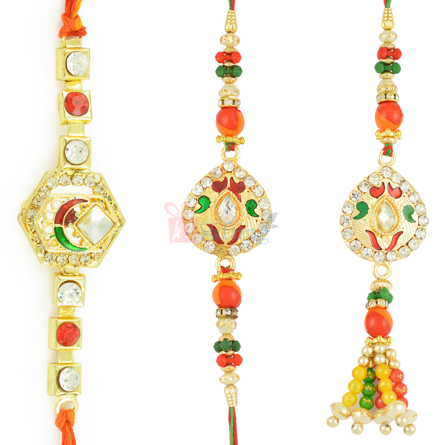 Sparkling Golden Diamond Rakhi with Kundan Meena Rakhi Set