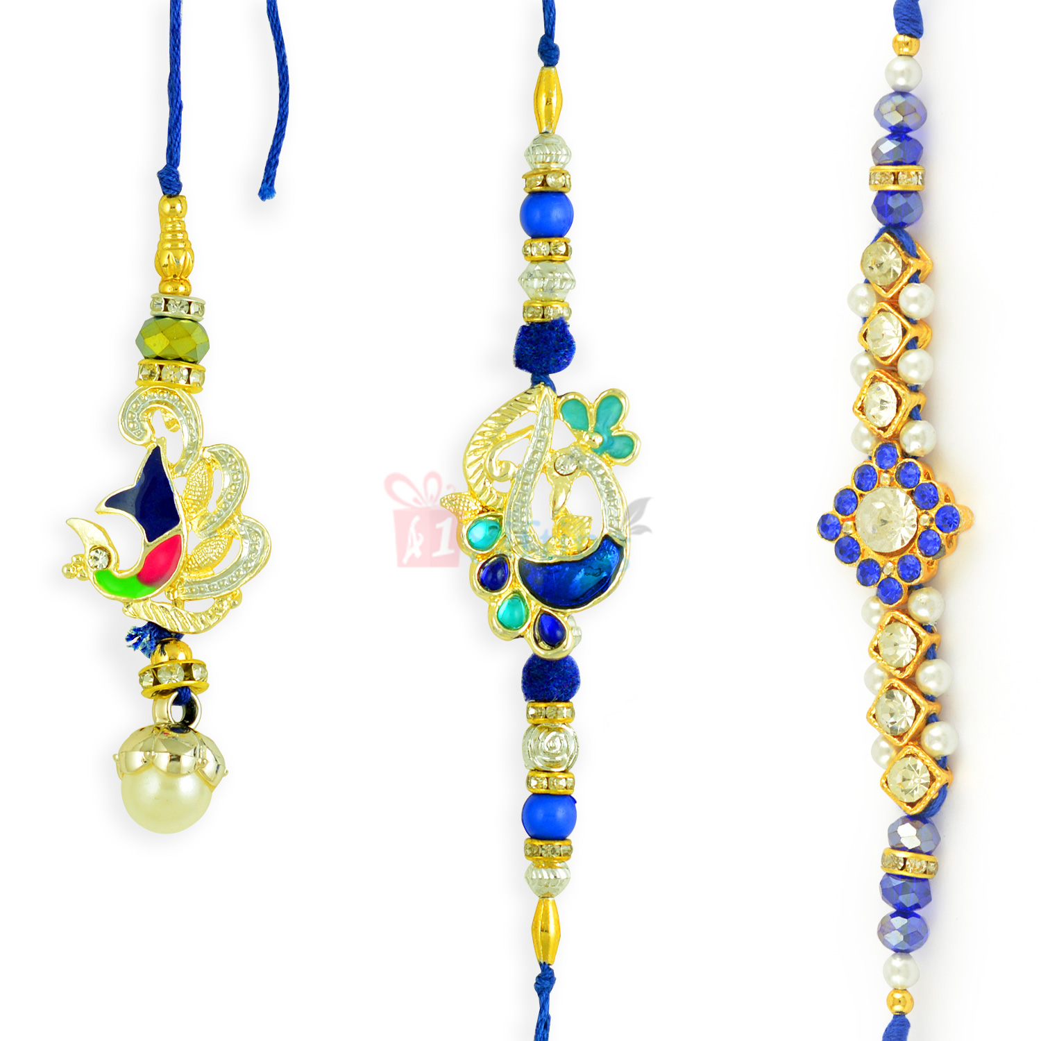 Alluring Blue Theme Golden Diamond Set of 3 Rakhis