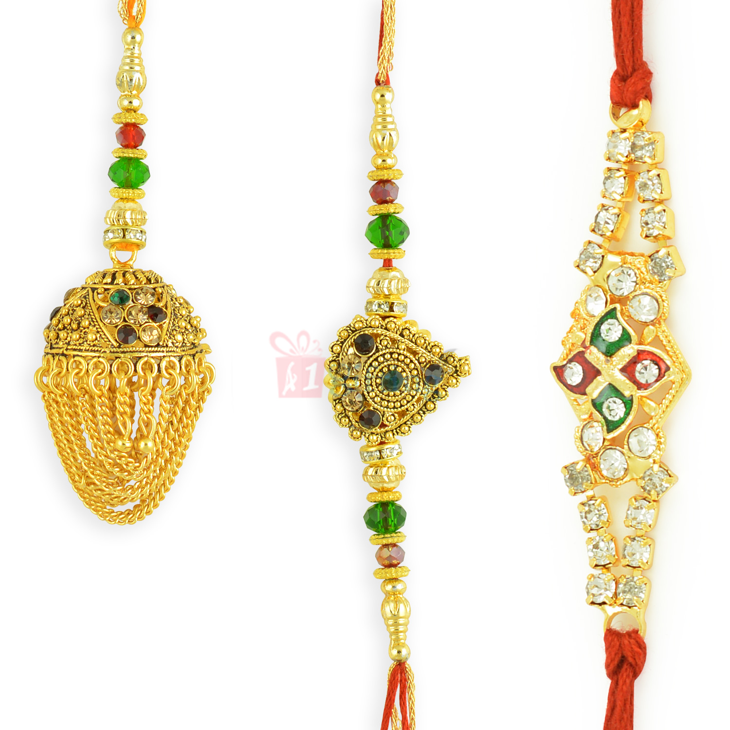 Shimmering Meena Golden Kundan Set of 3 Rakhis