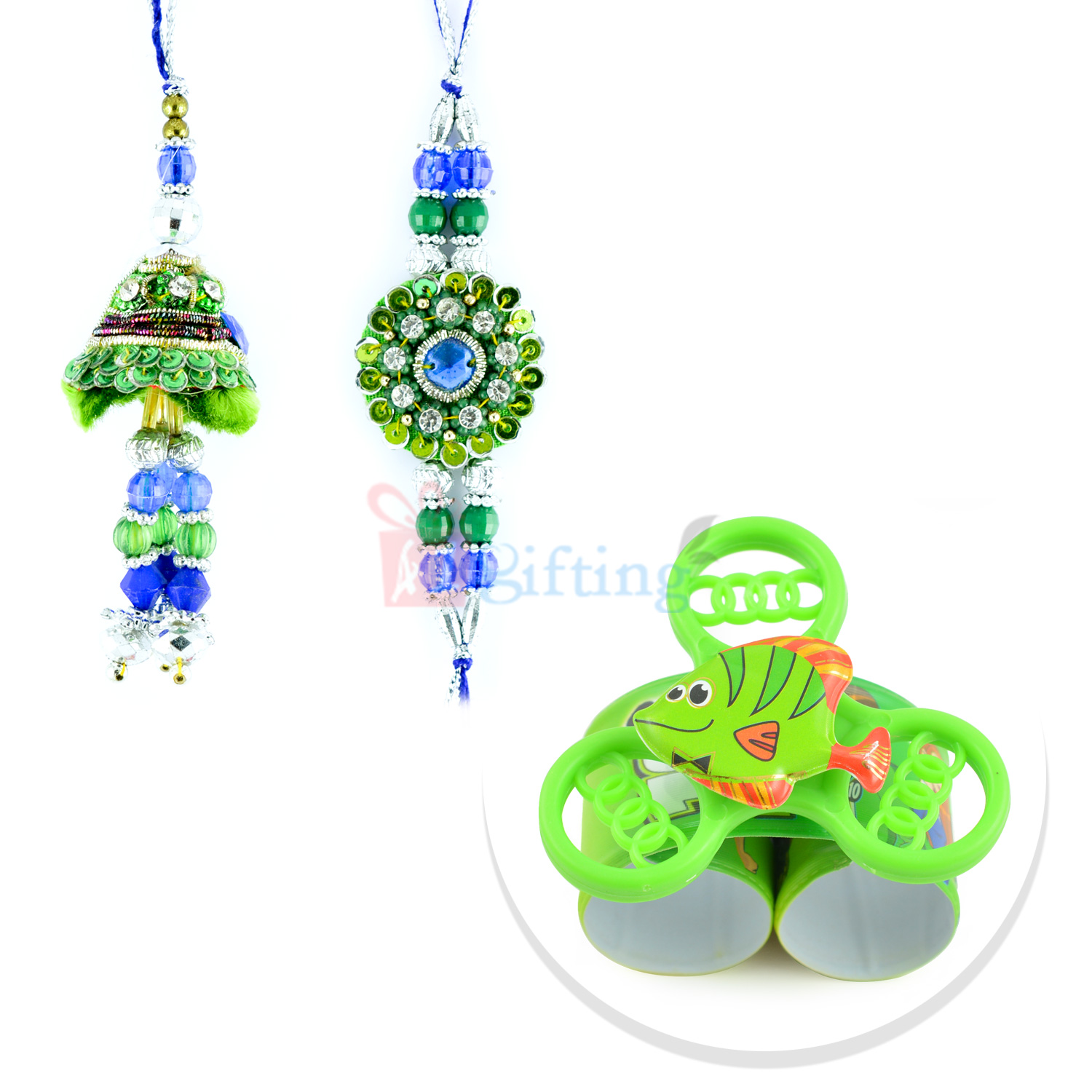 Colorful Glass Beads Rakhi Pair with Spinner Kids Rakhi Belt
