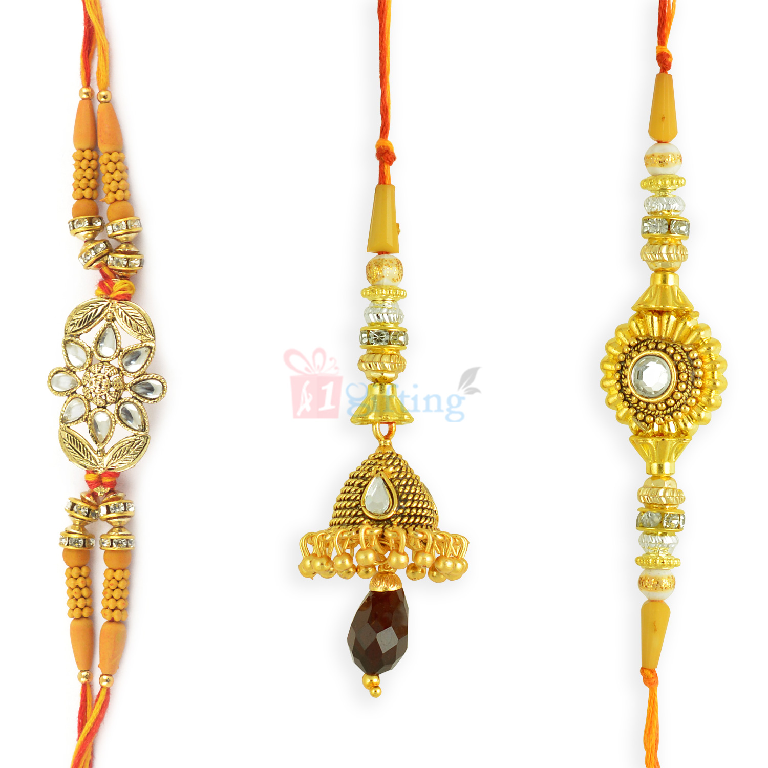 Appealing Kundan Diamond Rakhi Combo of 3 Rakhis