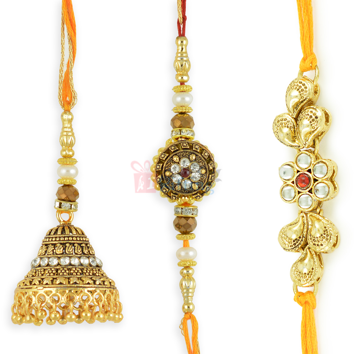 Stunning Golden Drops and Kundan Work 3 Rakhi Set
