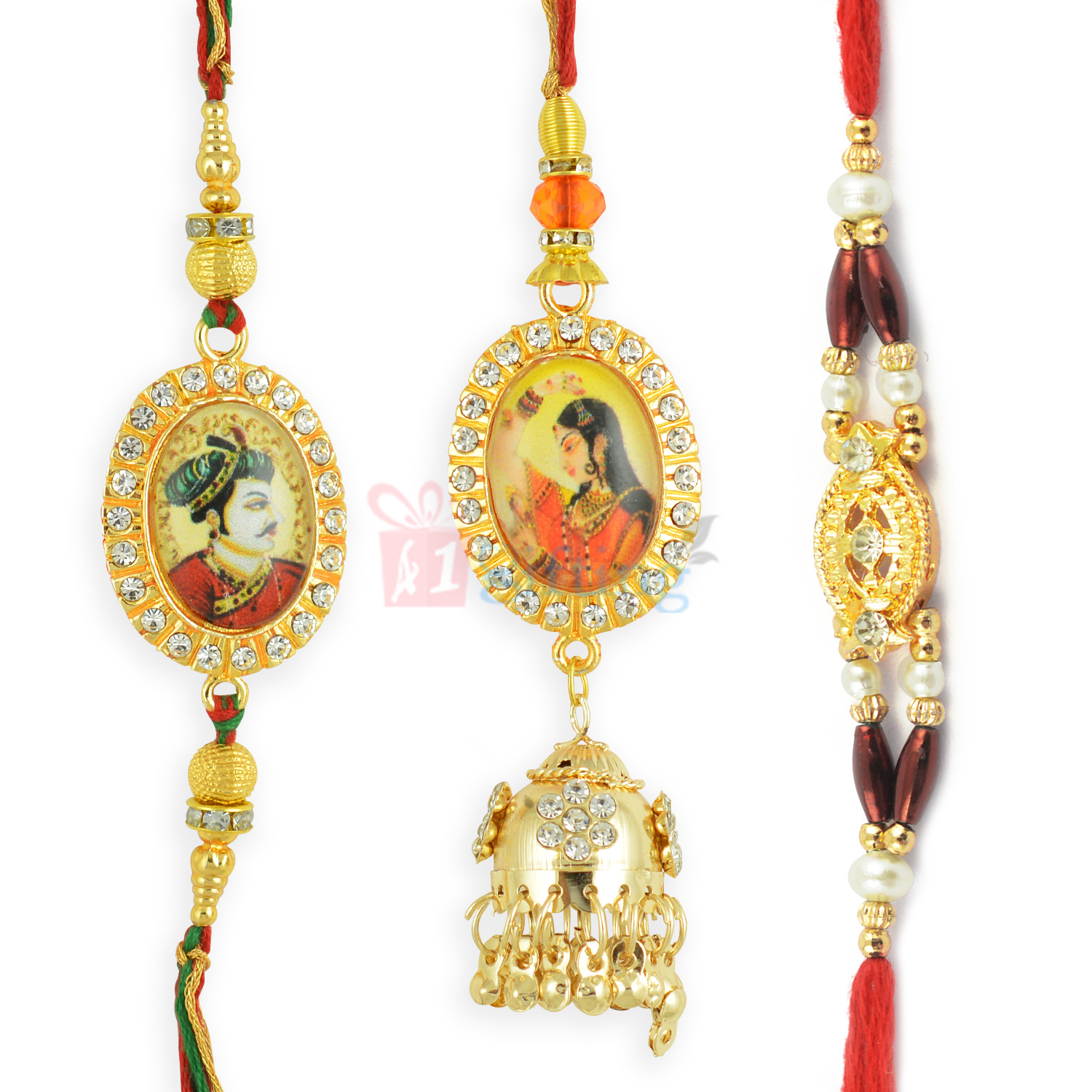 Impressive 3 Rakhi Set of King and Queen with Golden Stone Work