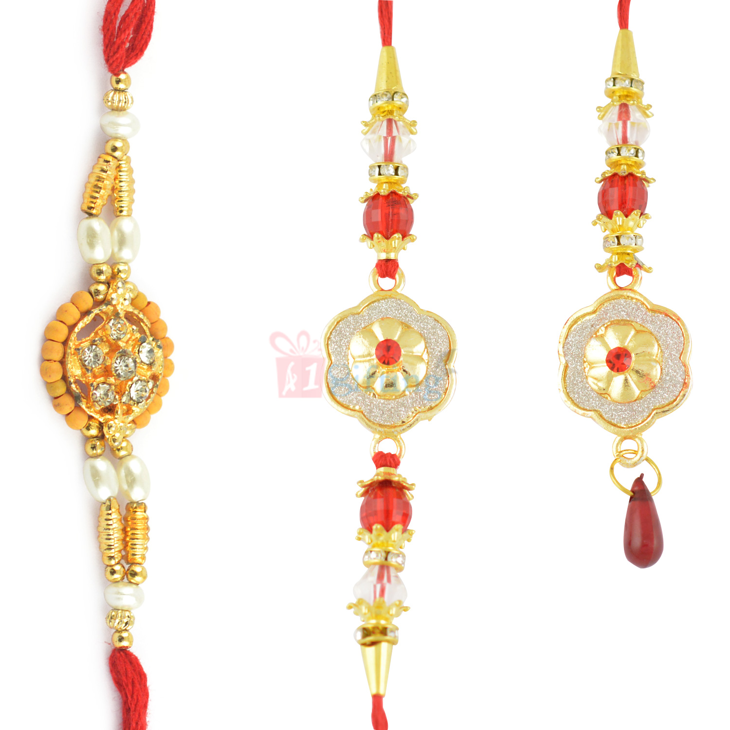 Decorous Wooden Pearl Beads and AD Work BB Rakhi Pair Set
