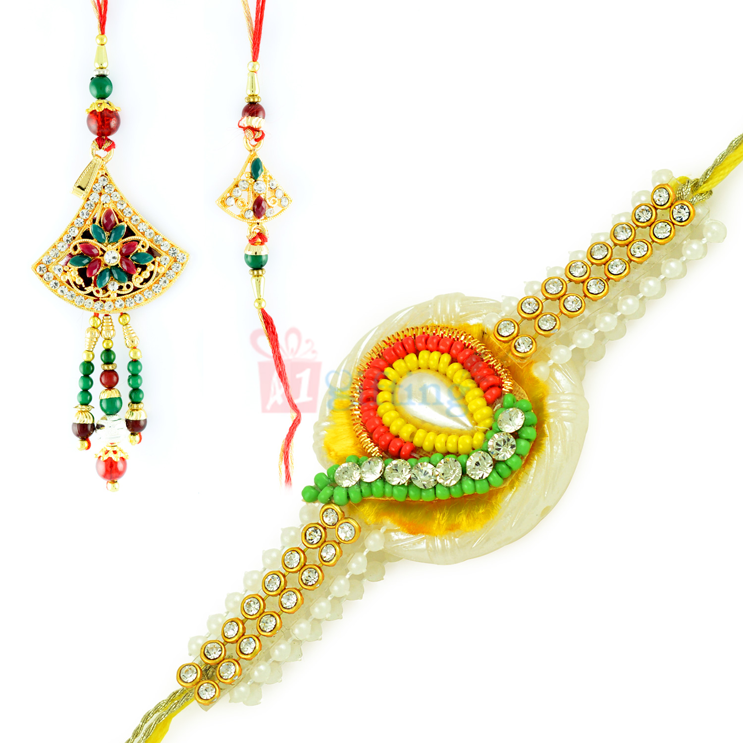 Aesthetic Rakhi Combo of Beads Pearl and Zardosi Work