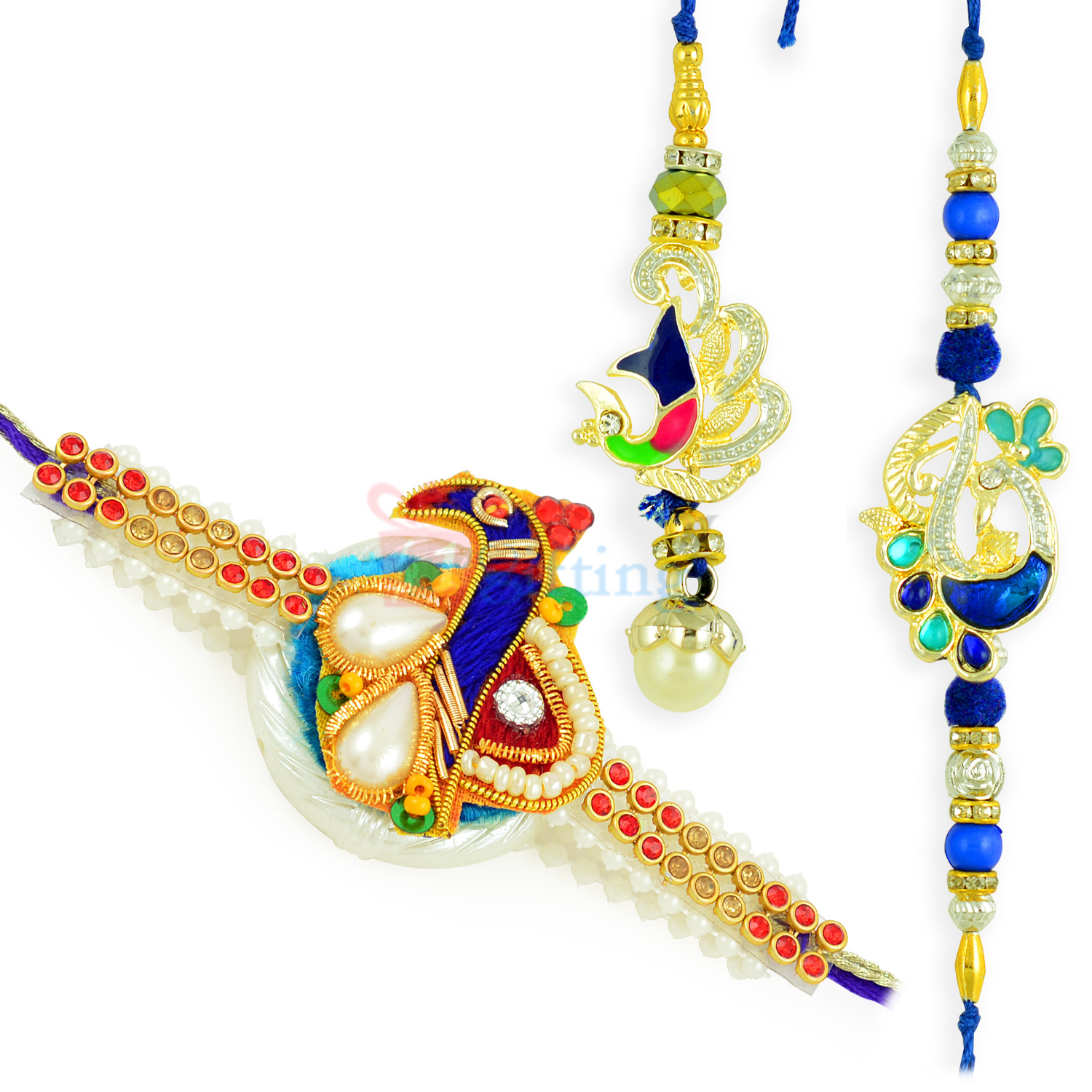 Terrific Mayur Design Colorful Rakhi Set with Beads Zari Work