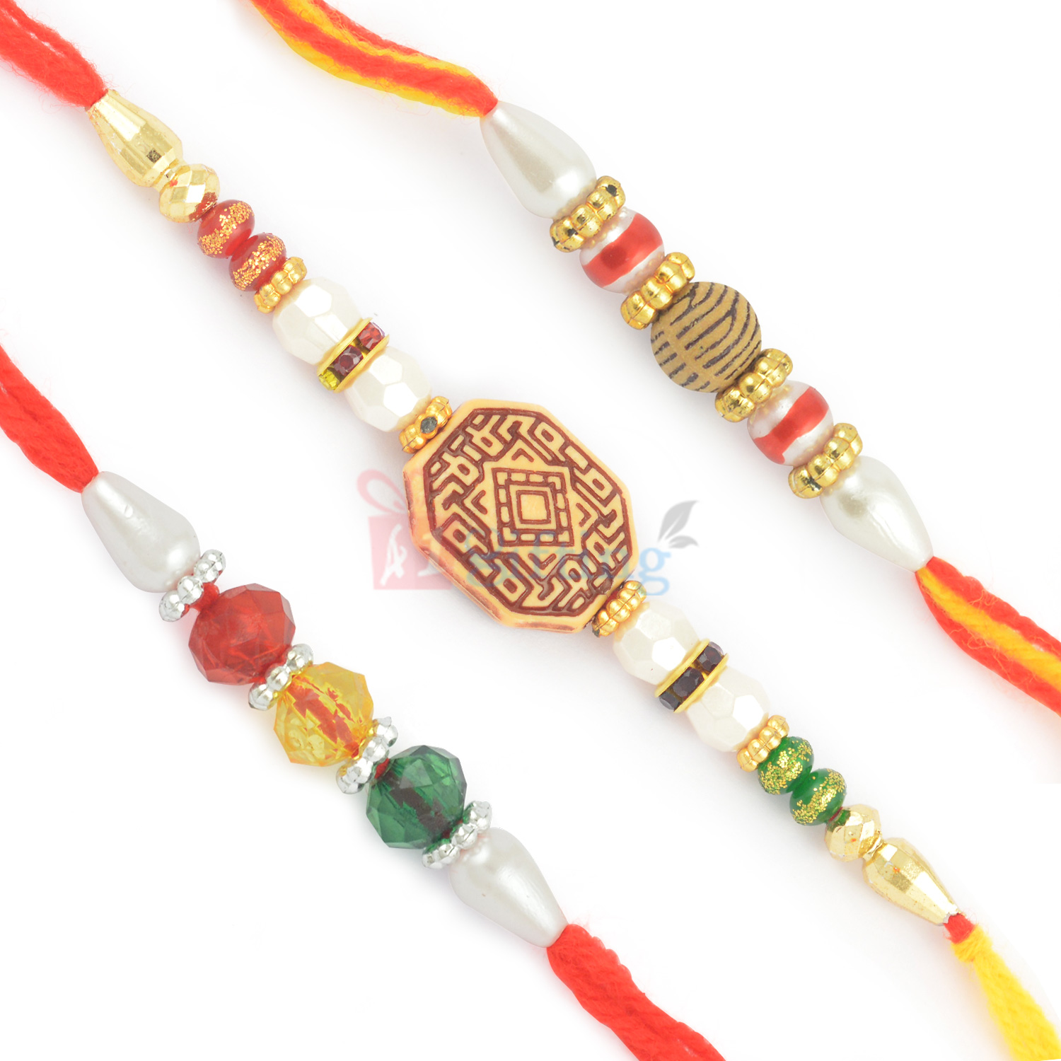 Staggering Pearl and Glass Beads 3 Rakhi Set for Brothers