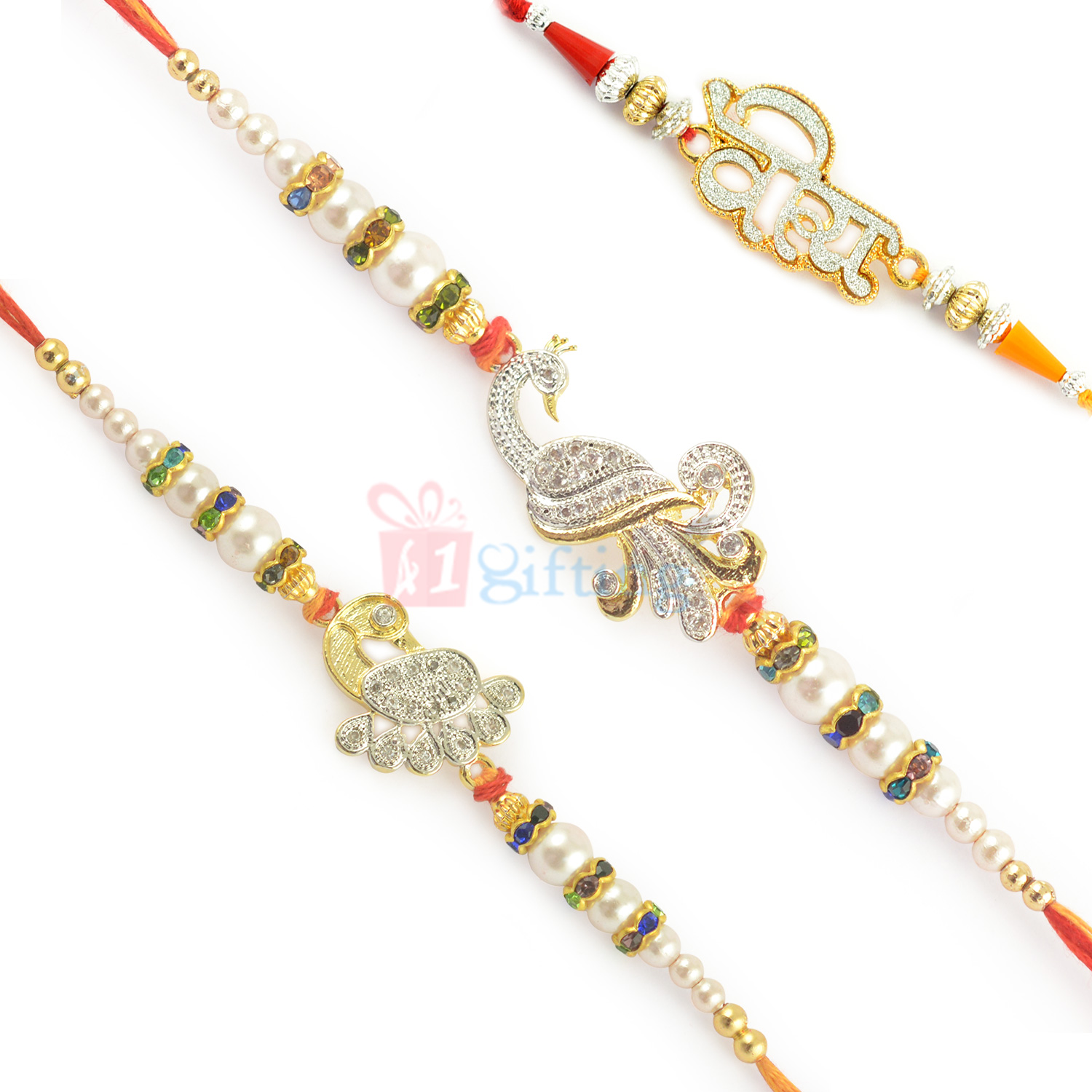 Delightful VEERA with AD Work Peacock and Pearl Rakhi Set