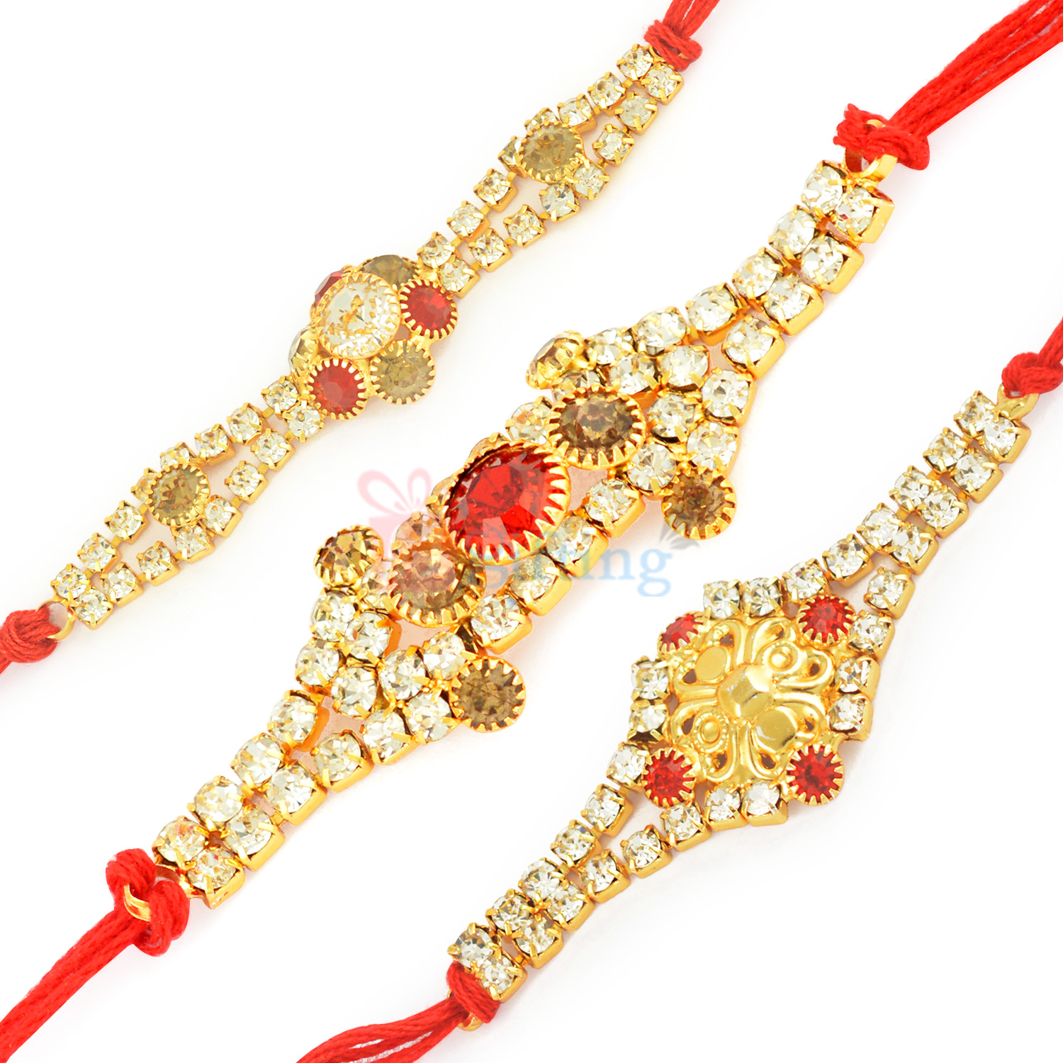 Elegant Red and White Diamond Rakhi with Golden Base Set of 3