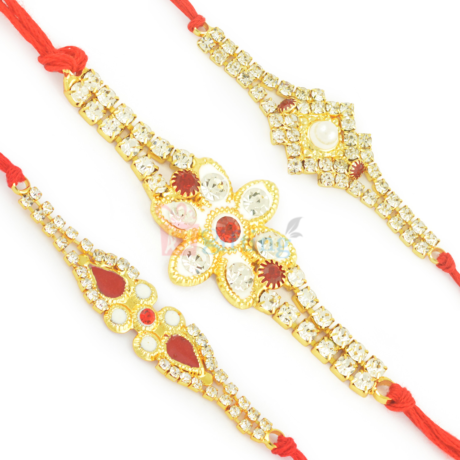 Shining Red Dori Diamond Rakhi Set of 3 Rakhis