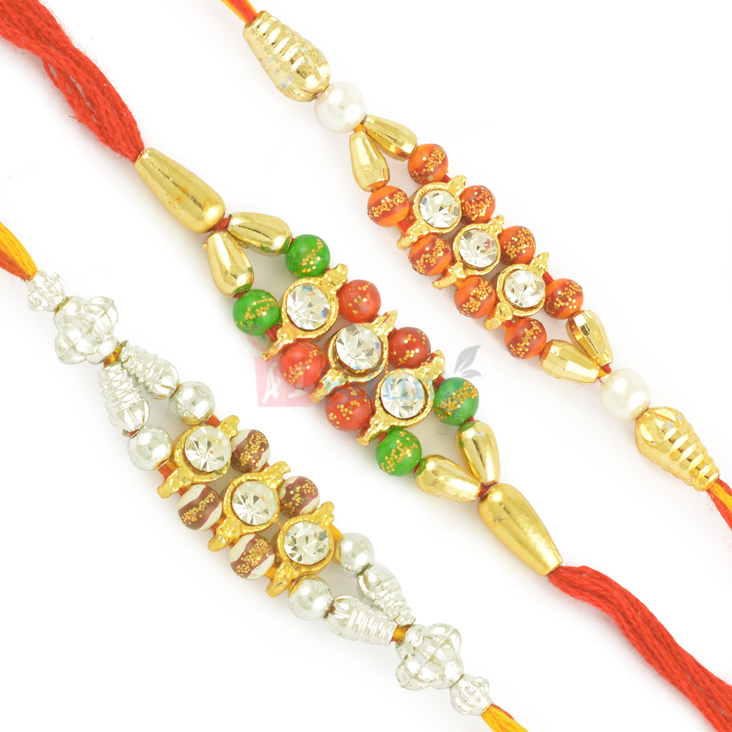 Assorted Diamond Beads Rakhi Set of 3 Golden Mauli Rakhis