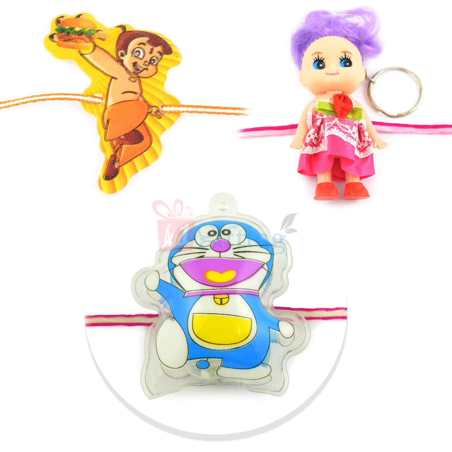 Elegant Doll with Bubble Dora-e-mon and Chhota Bheem Kids Rakhi