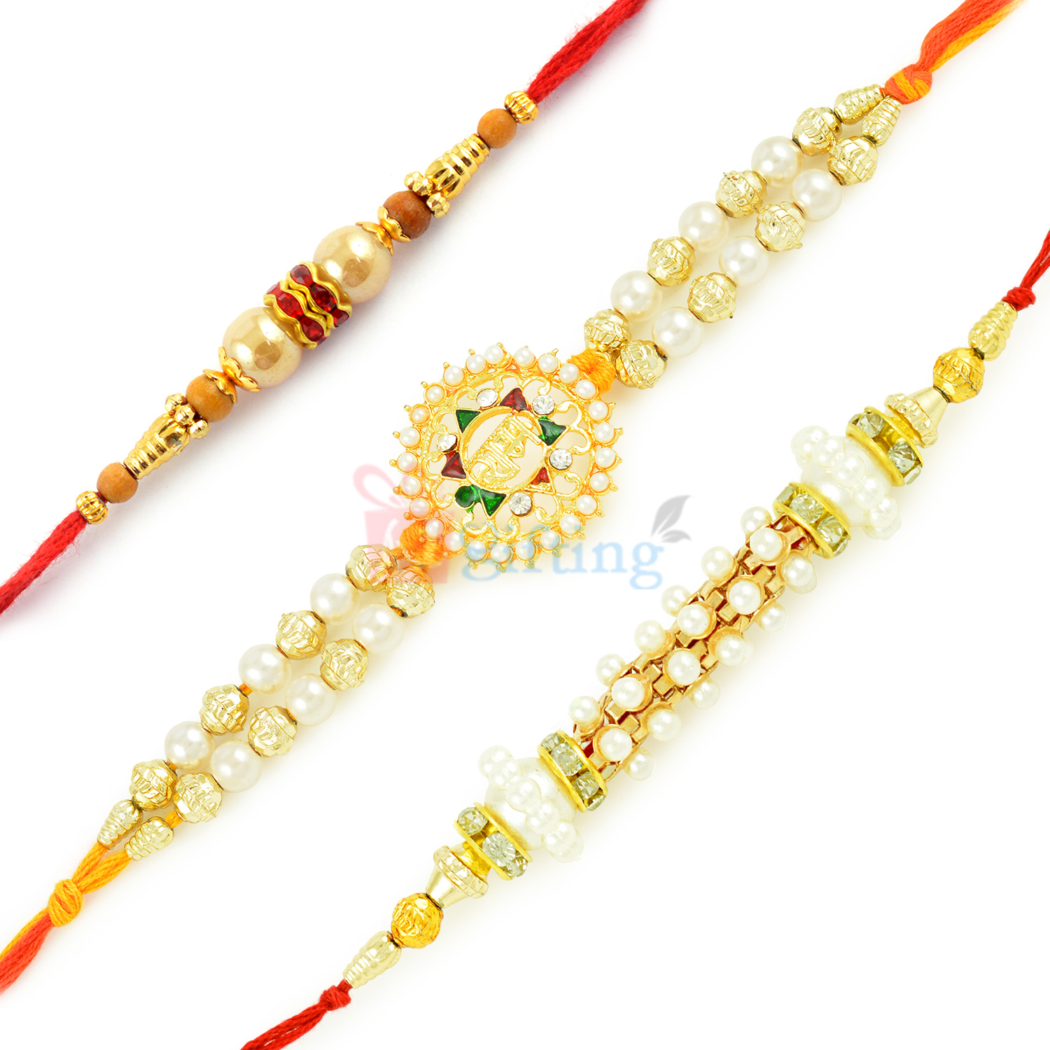 Smartly Selected Pearl and Golden Beads With Ram Rakhi Set
