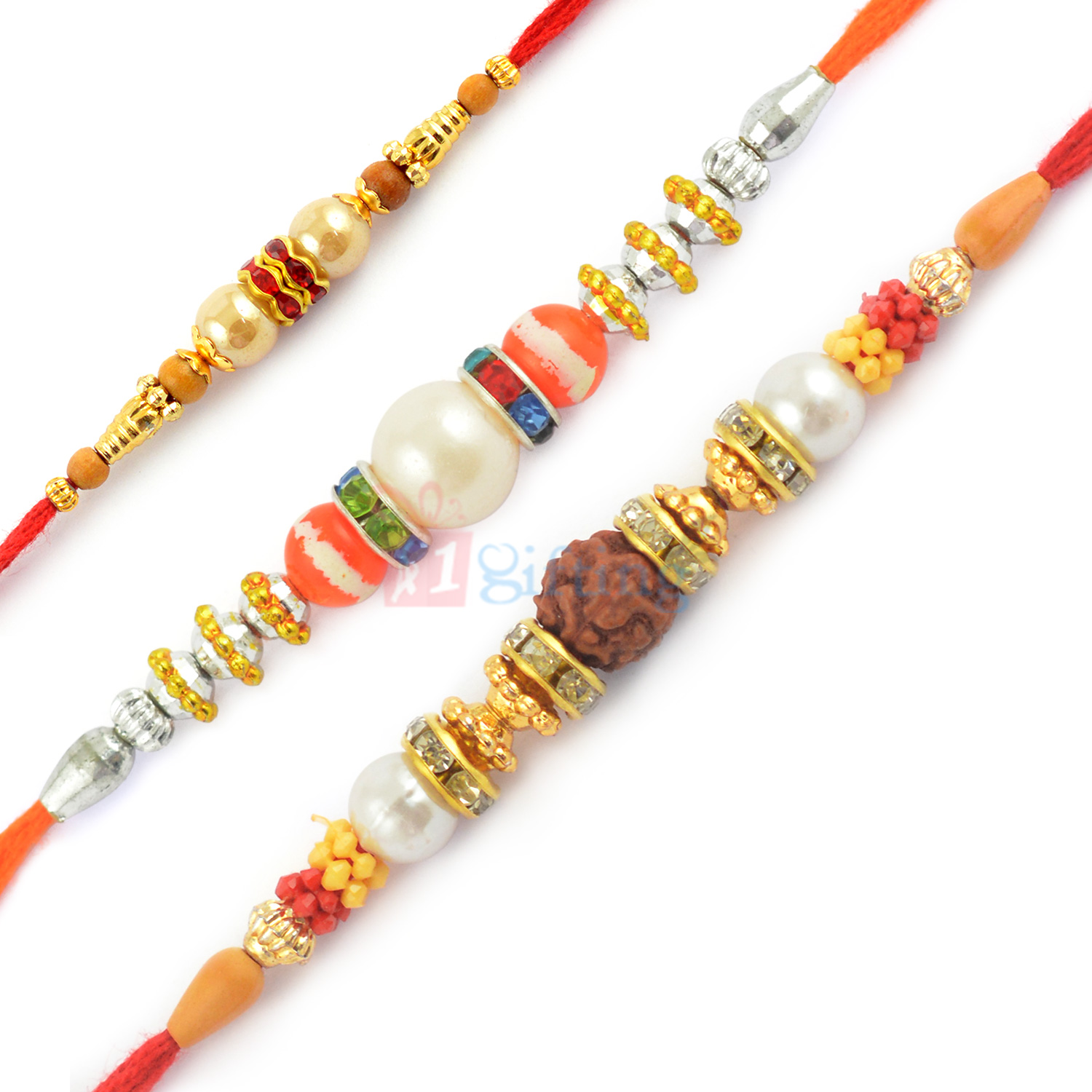 Decorous Colorful Pearl Beads Rudraksh and Diamond Rakhi Set