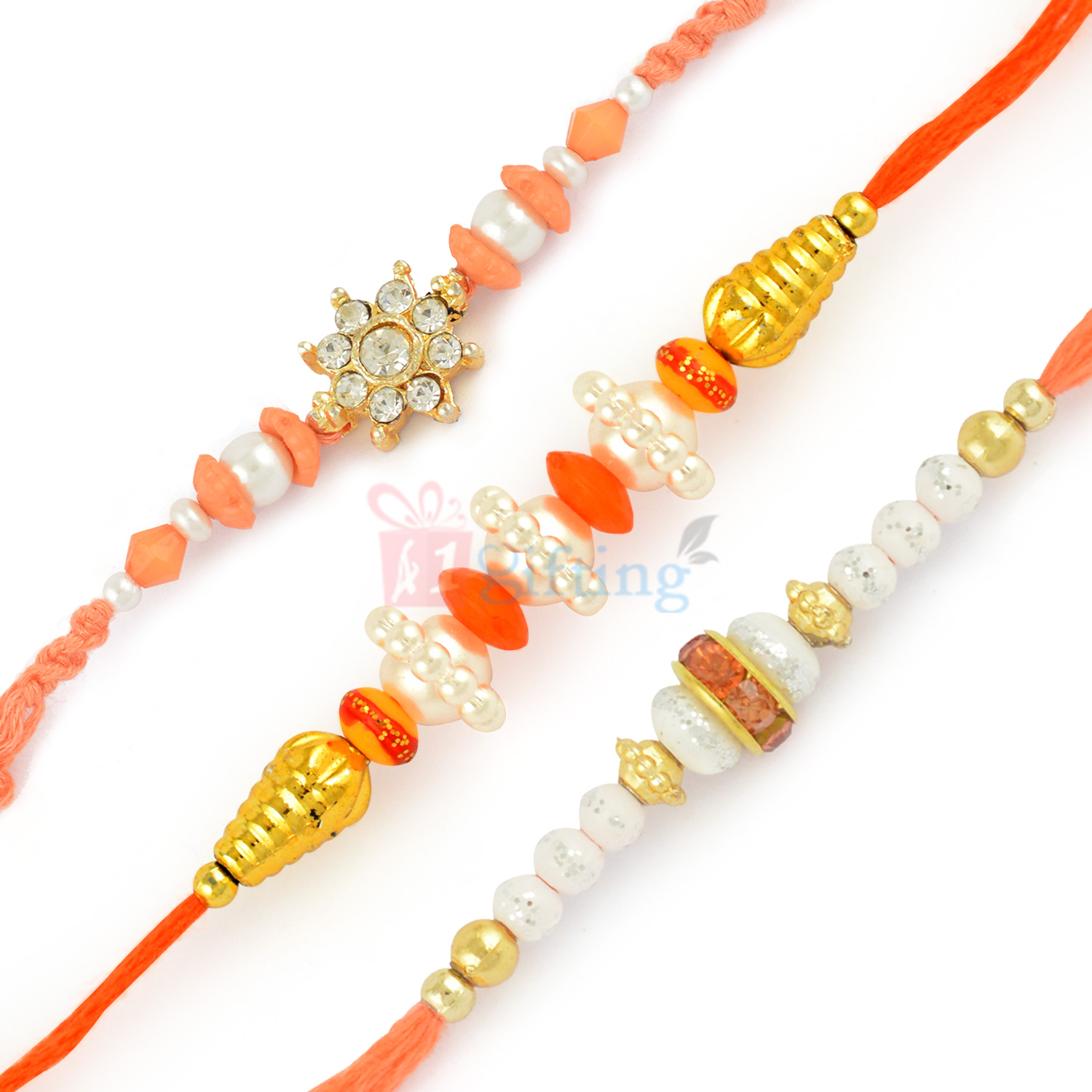 Glorious Golden Pearl Beads Rakhi with Diamond Rakhi Set