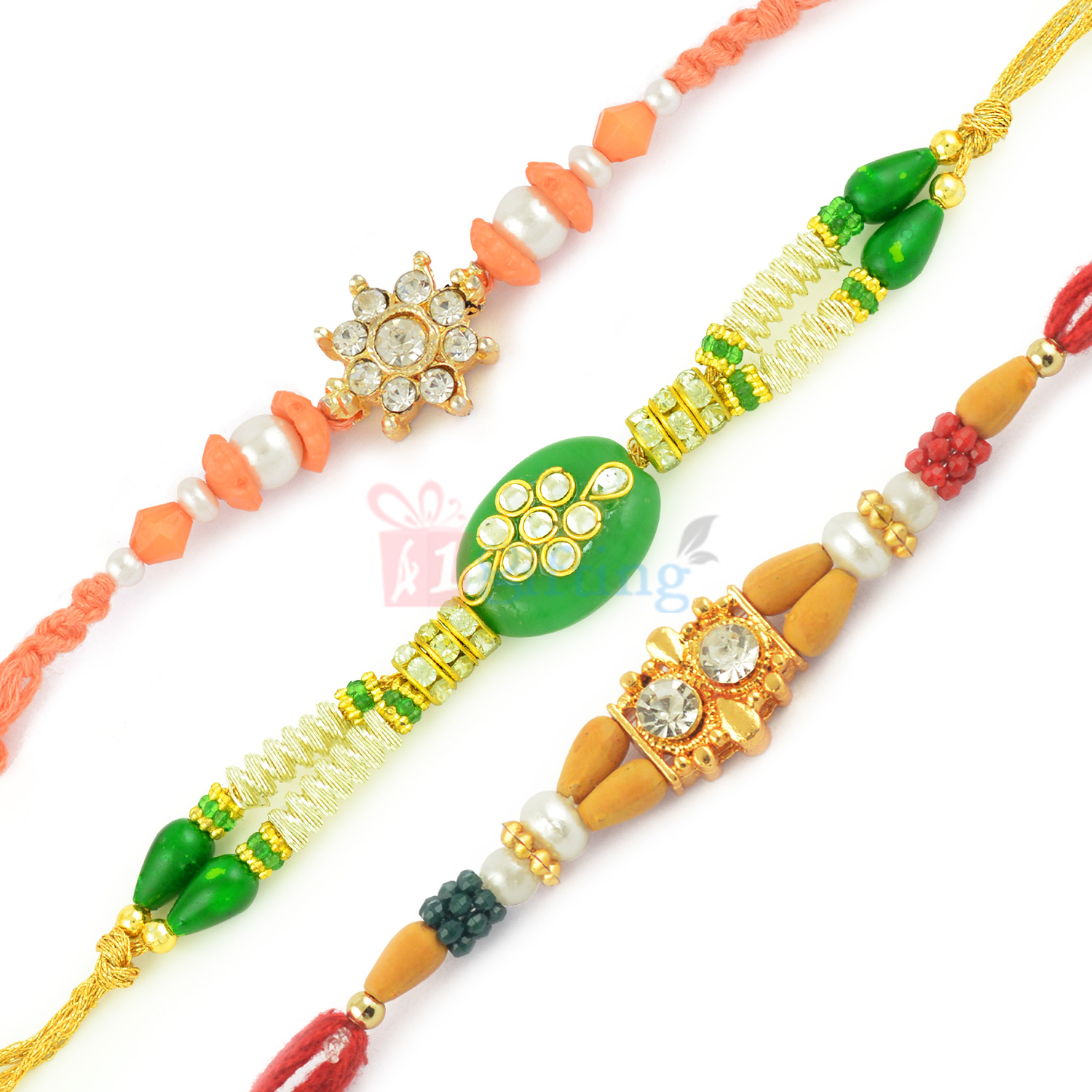 Appealing Kundan Work Diamond Beads Rakhi Set of 3
