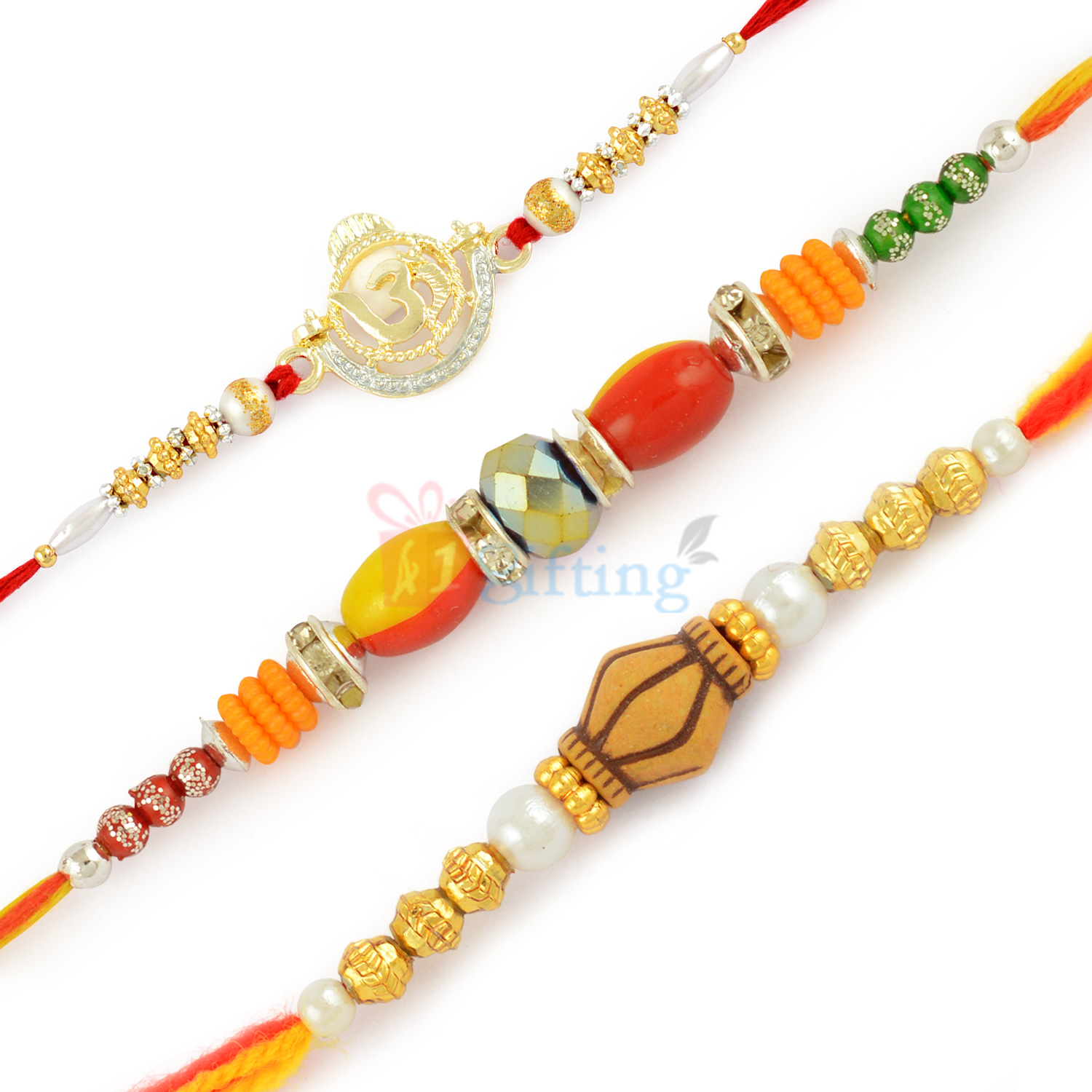 Awesome Golden OM Rakhi Set with Multi Type Beads