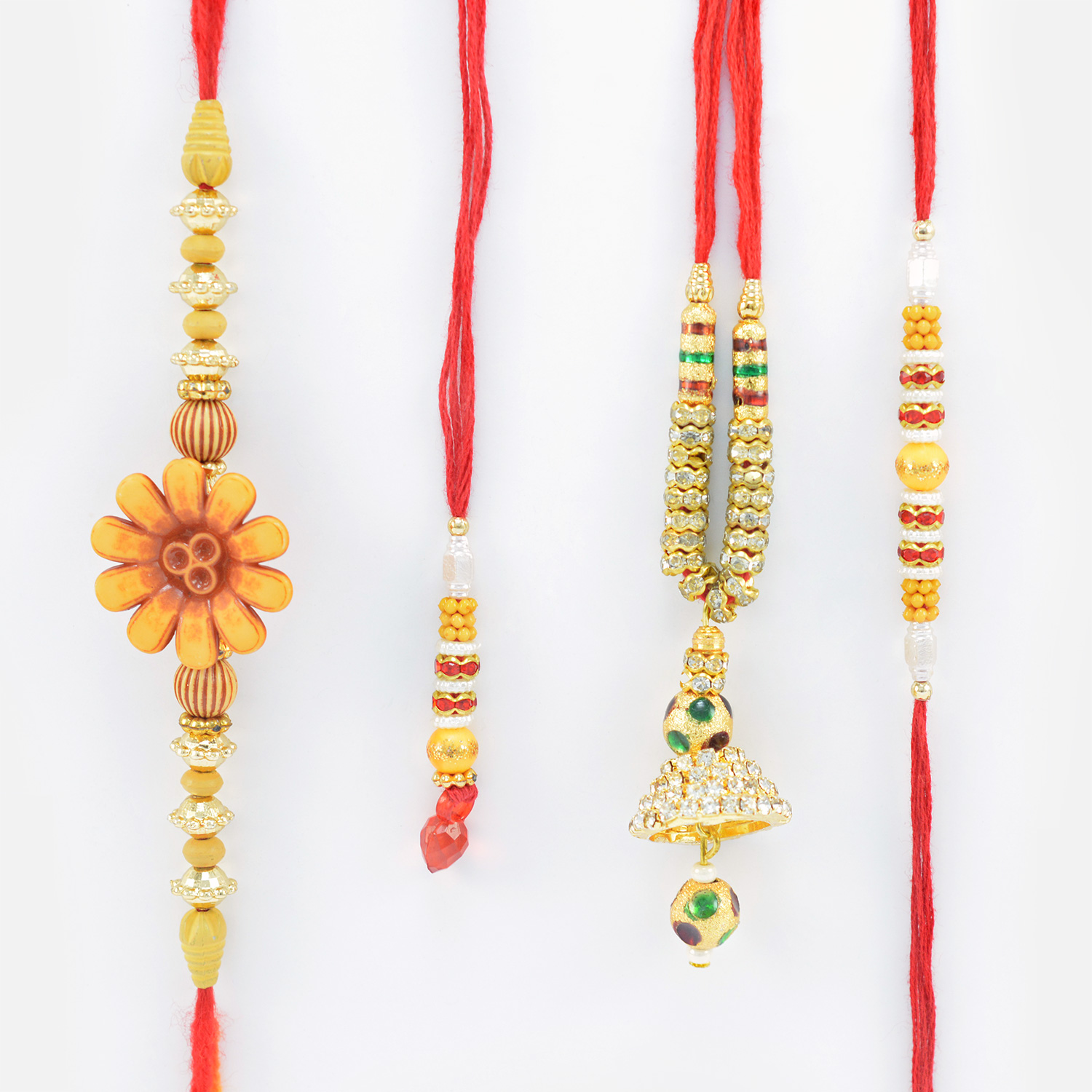Sandalwood Flower and Beaded Colorful Bhaiya Rakhis with Stylish Jewel and Beads Lumba Rakhi 