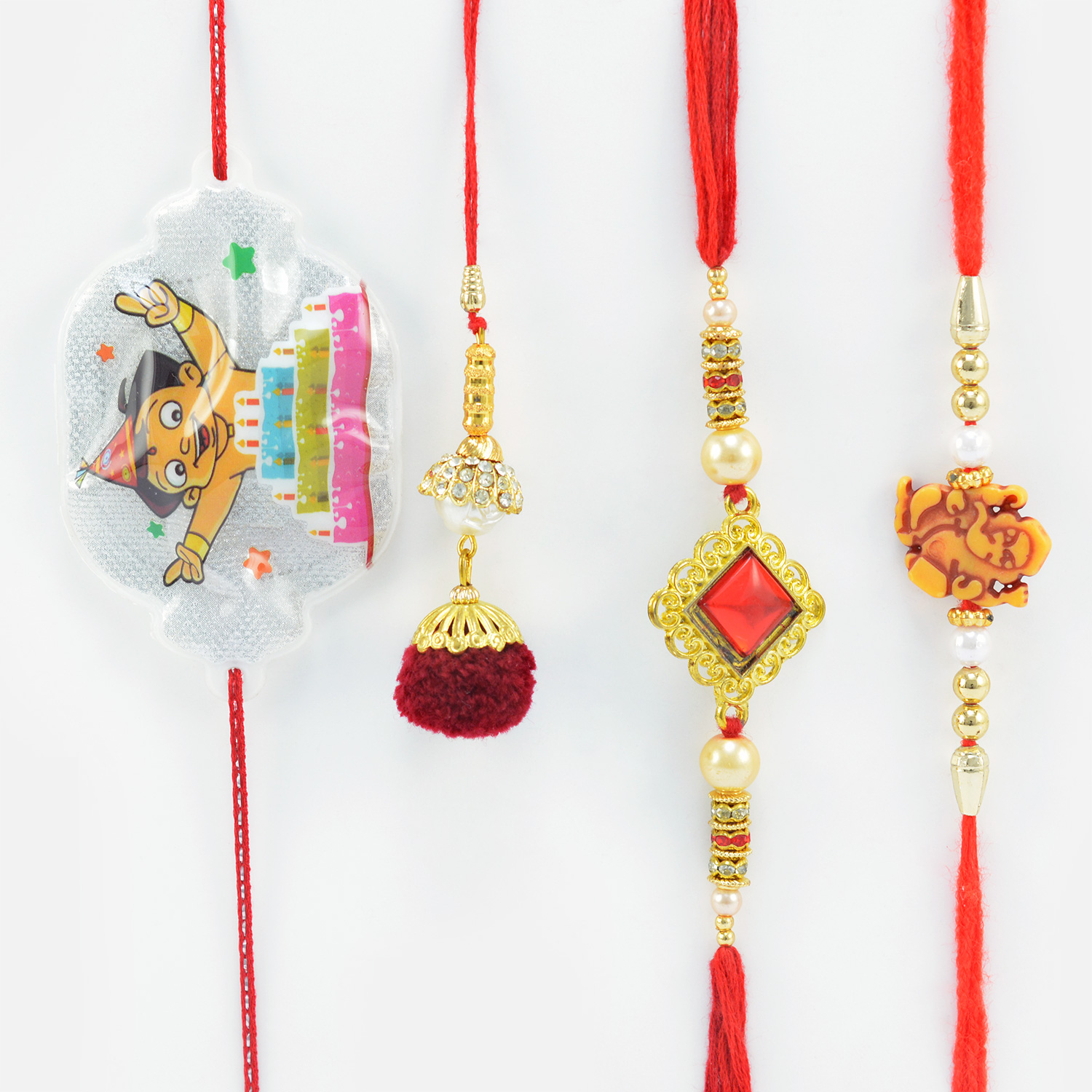 Red Square Stone Dotted and Ganesha Brother Rakhis with Soft Cotton Lumba and Kid Rakhi Set of 4