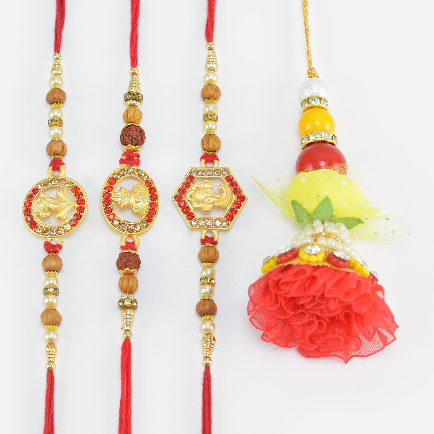 Set of 4 Amazing Rakhis with 3 Sacred Nice Looking Golden Color Brother Rakhis and One Red Lumba Rakhi