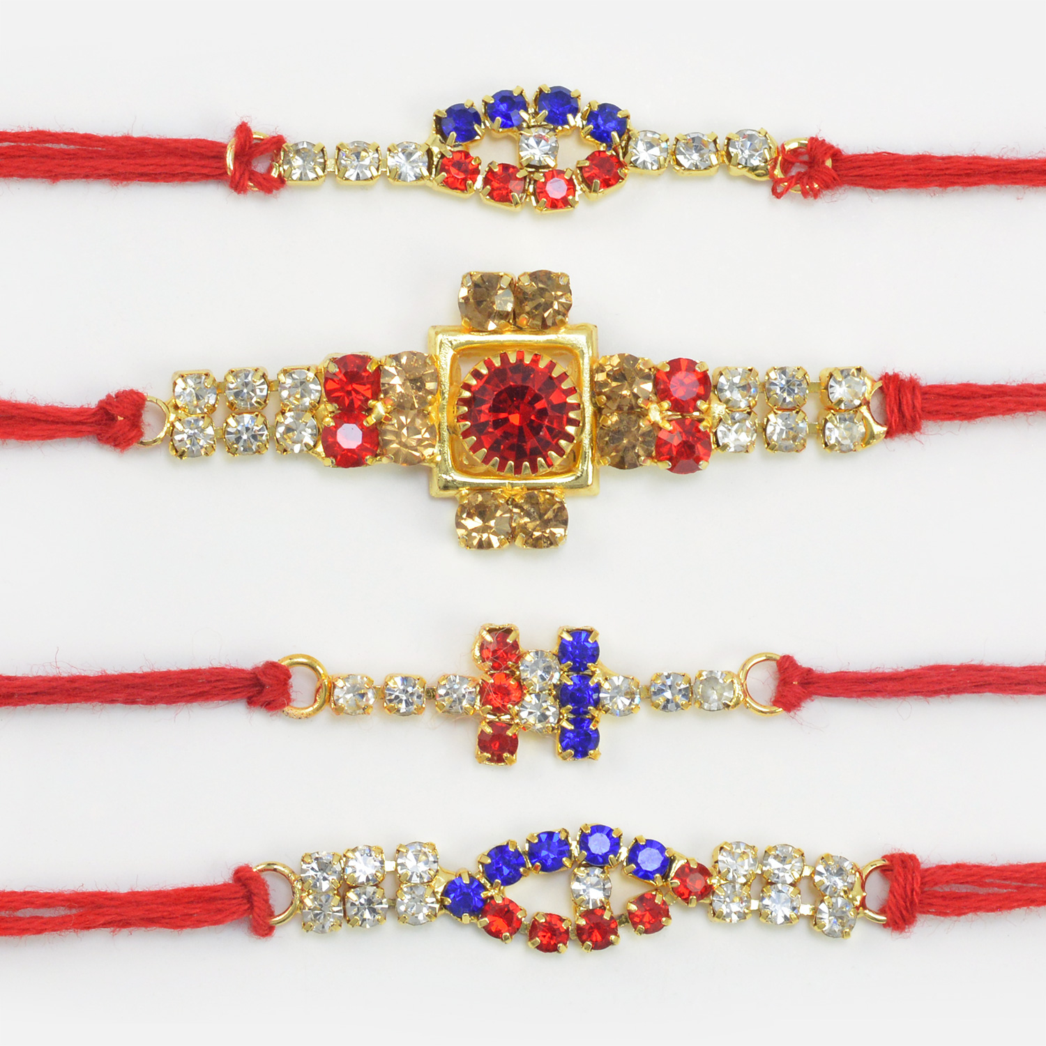 Red Blue and Black Diamond Stones Studded Stunning Rakhis Set for 4 Brothers