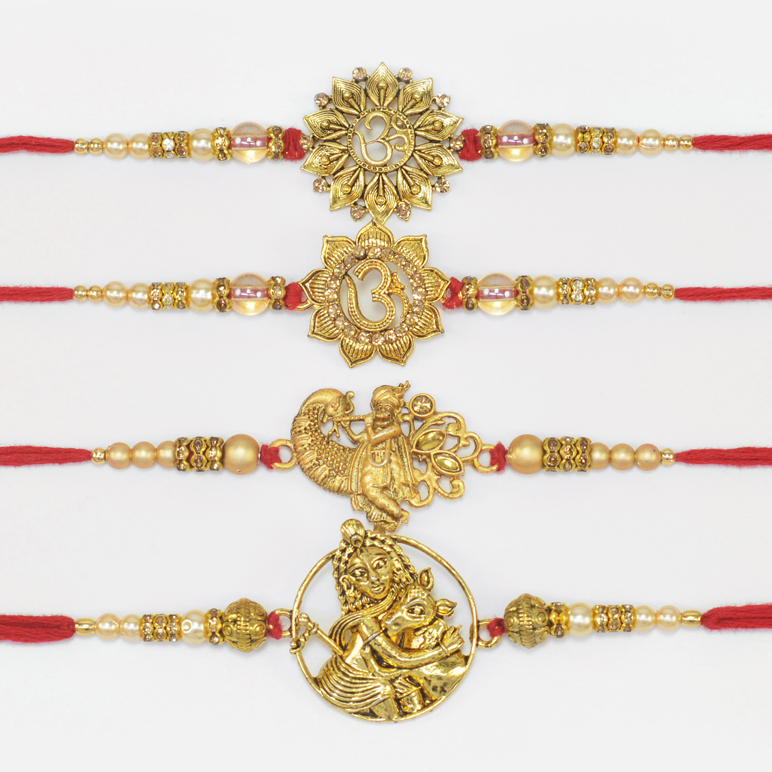 Golden Color Auspicious Om and Shri Krishna Magnificent Stunning Rakhis Set of 4