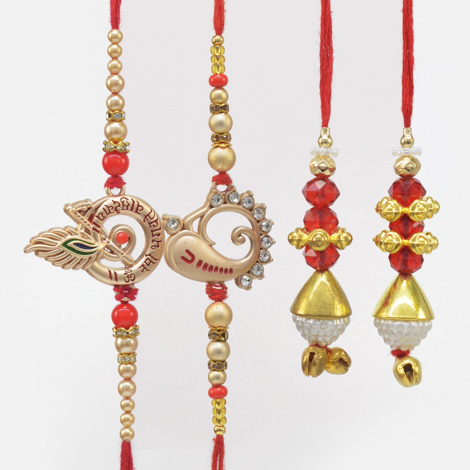Two Amazing Golden Color and Mauli Thread Pair of Bhaiya Bhabhi Rakhis Set of 4