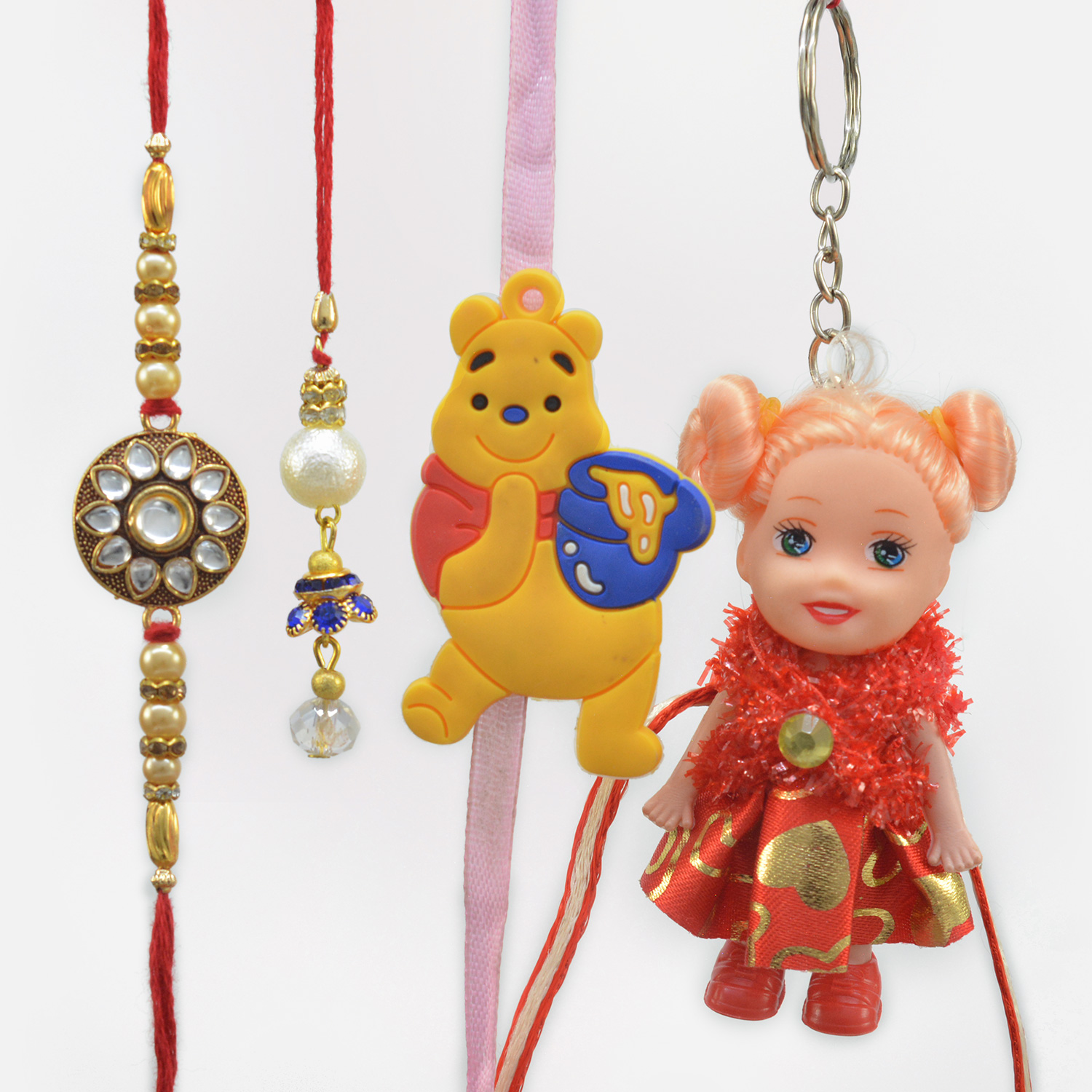 Stone Studded Flower Brother and Lumba Rakhi with Pooh and Doll Kid Rakhi for Girl and Boy