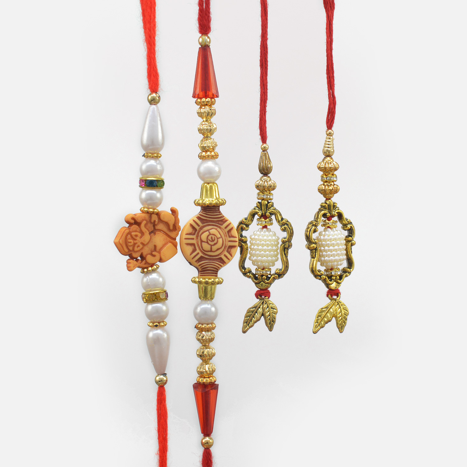 Shri Ganesha and Sandalwood 2 Brother Rakhis with White Beads Newly Designed Bhabhi Rakhis Set of 4