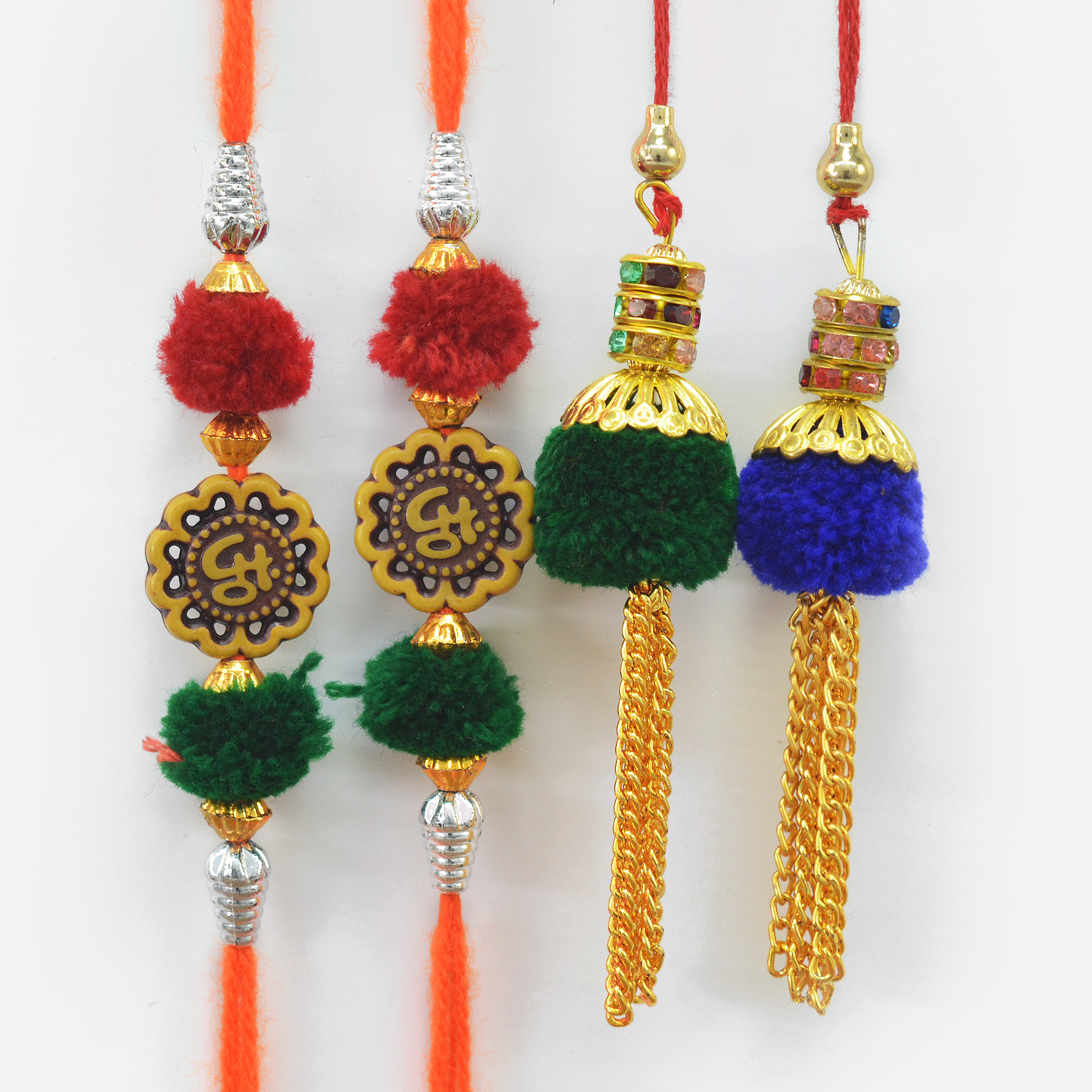 Sandalwood Type Divine Om Rakhi with Two Hanging Chain Lumba Rakhi Set of 4