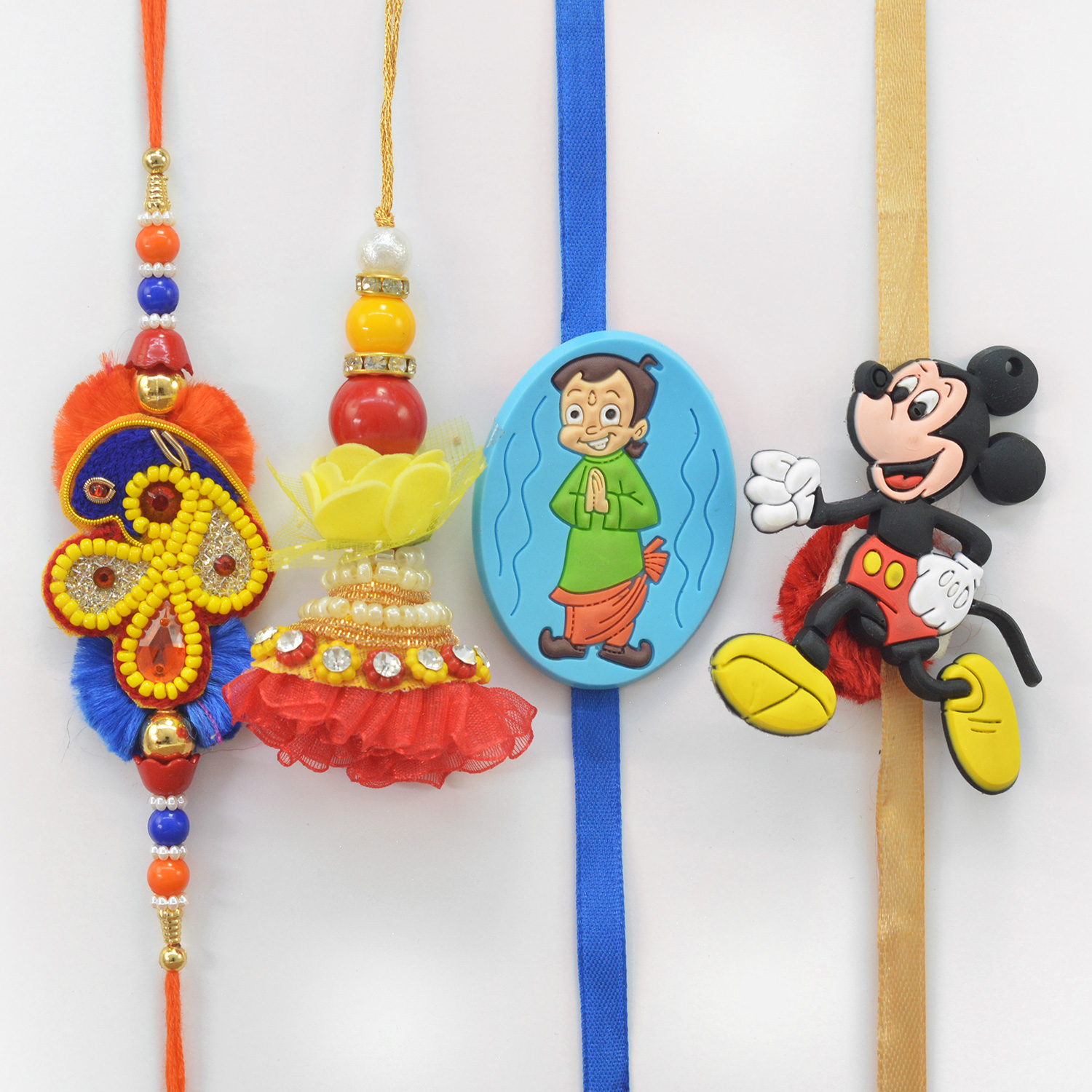 Chhota Bheem and Mickey Mouse Kids Rakhi with Zardosi Design Bhaiya Bhabhi Rakhis Set for Family