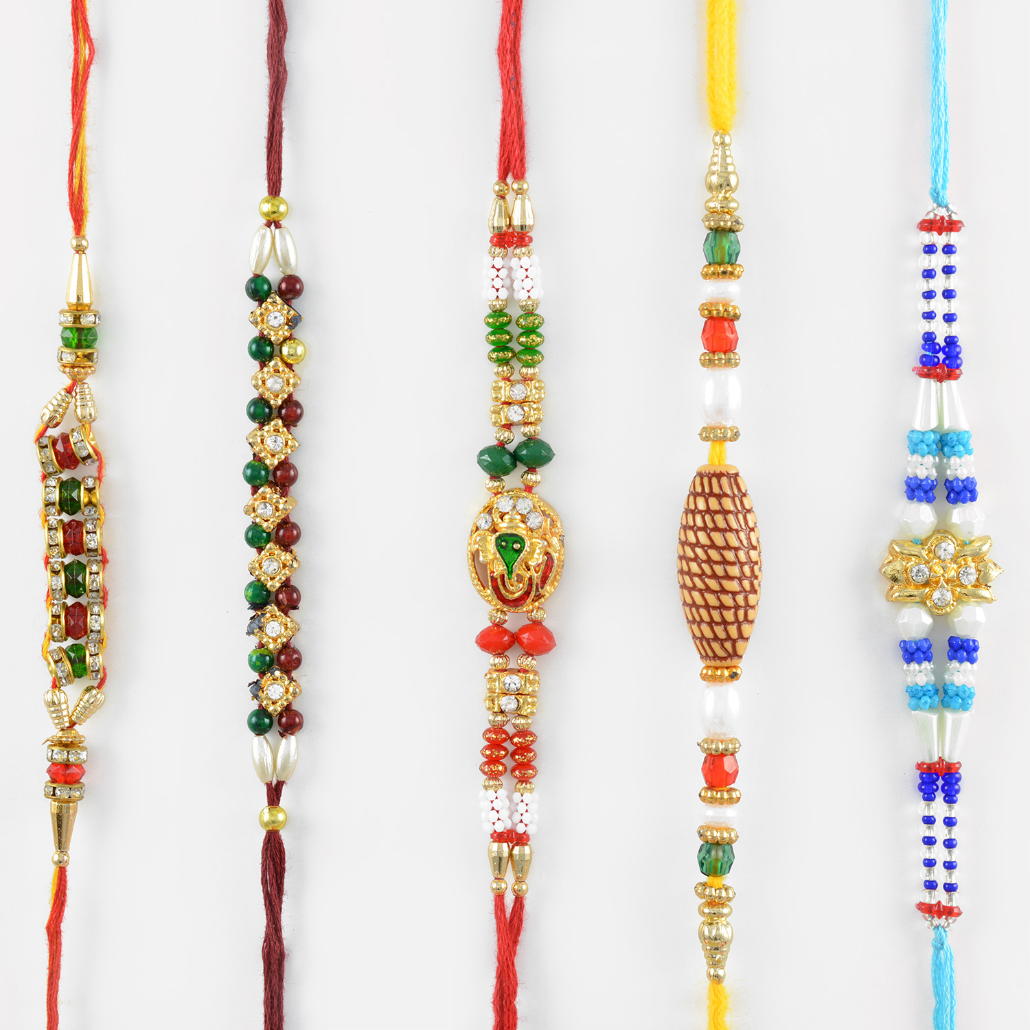 Multi-Color Beads and Pearl Rakhi Set of 5 