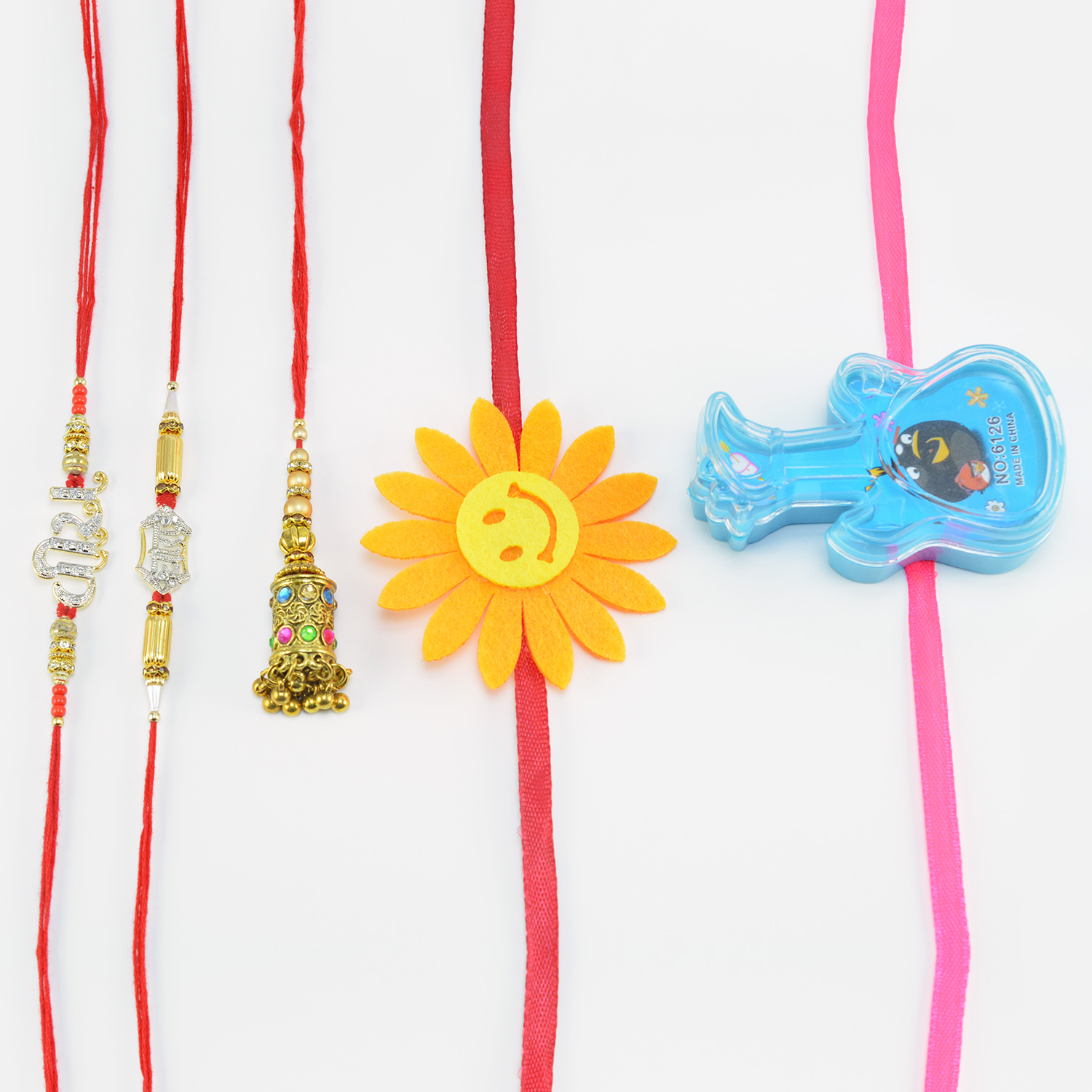 Veera Written Two Sikh Rakhis for Brothers with Two Toy Guitar and Flower Kids Rakhi and One Lumba Rakhi