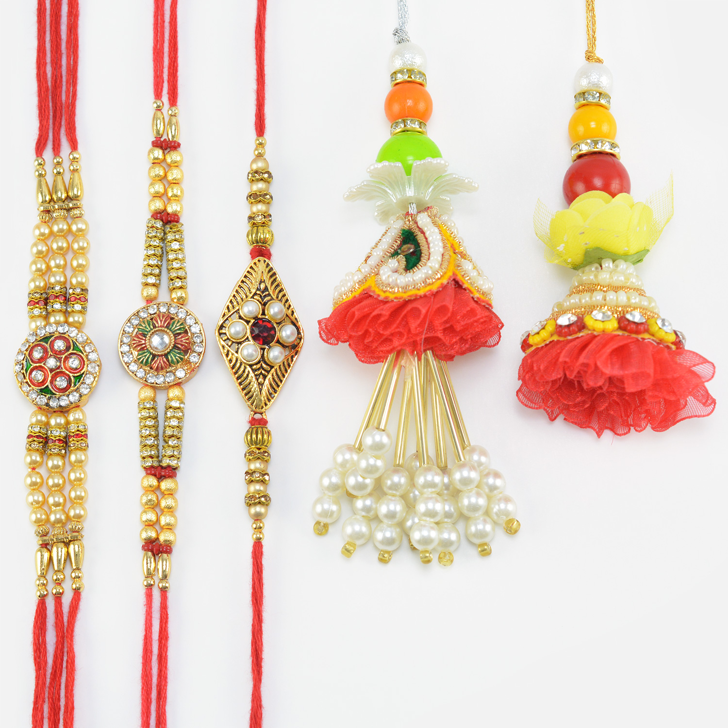 Three Pear and Beads Pettern Brother Rakhis with 2 Red Shaded Attractive Lumba Rakhis