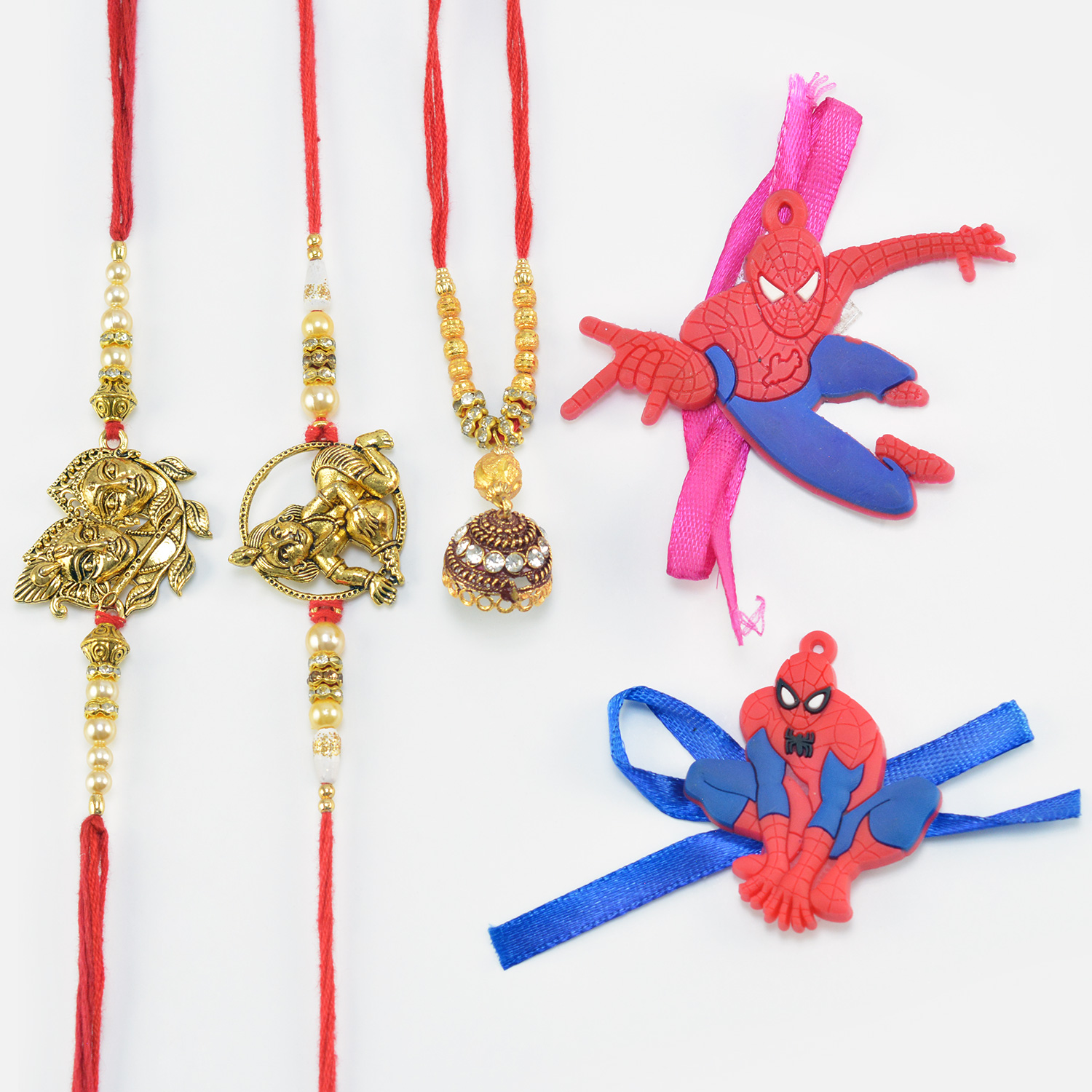 Two Spider Man Rakhi for Kids with One Meena Work Lumba and Two Sacred Brother Rakhis