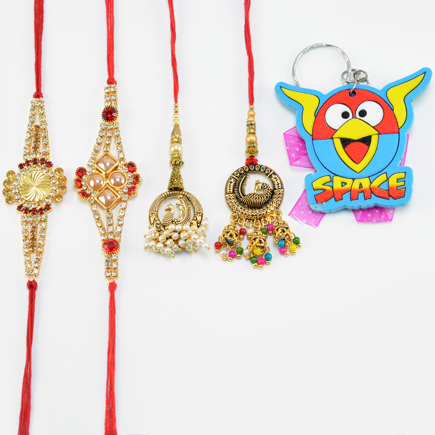 Jewel Stone Studded Two Brother Rakhis with Two Duck and Peacock Lumba Rakhi and Space Game Kid Rakhi Set of 5