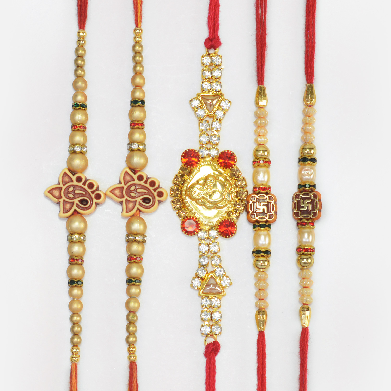 Shri Ganesha and Swastika Beads Pearls and Jewel Brother Rakhis Set of 5
