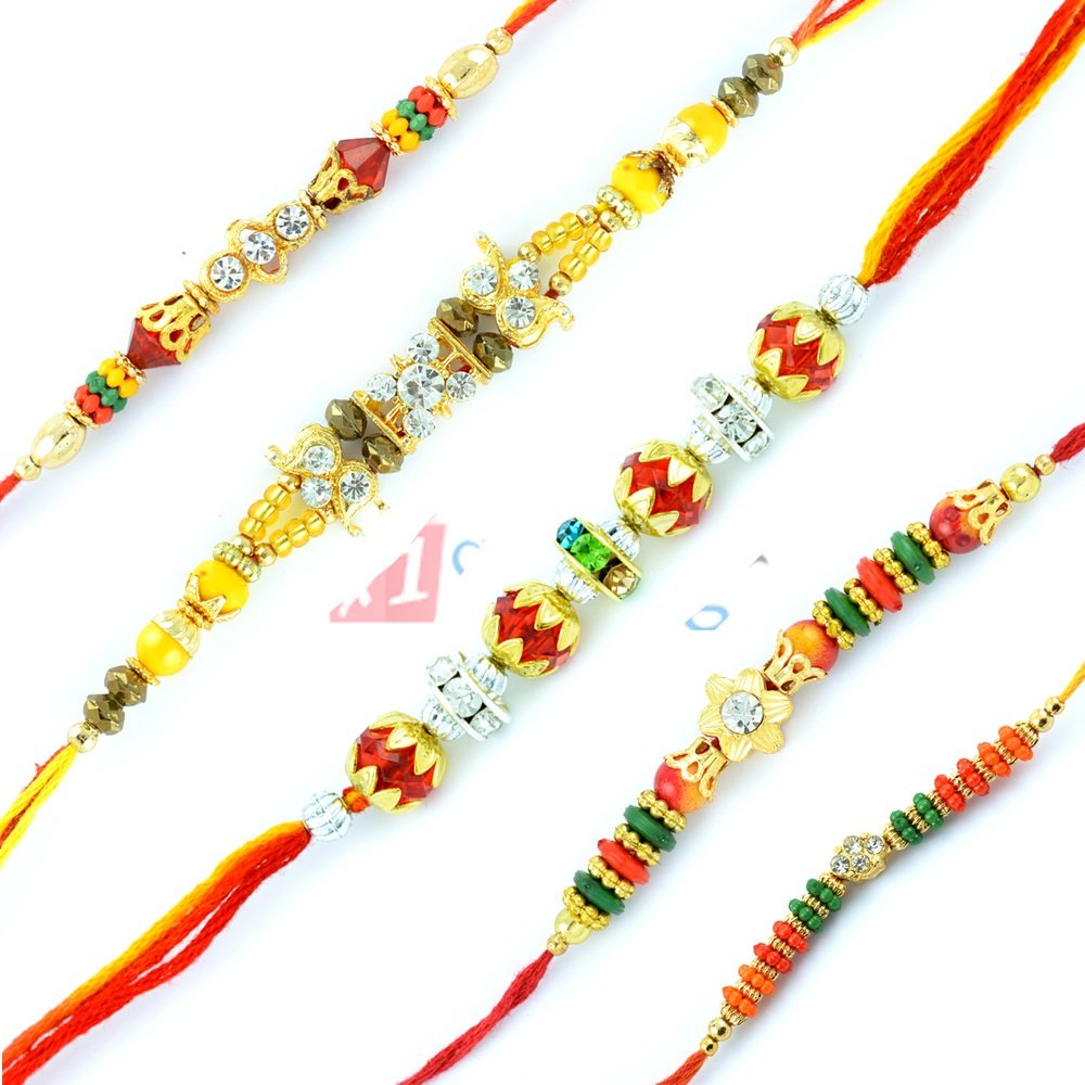 Colorful Beads and Diamond Enriched Set of 5 Rakhis