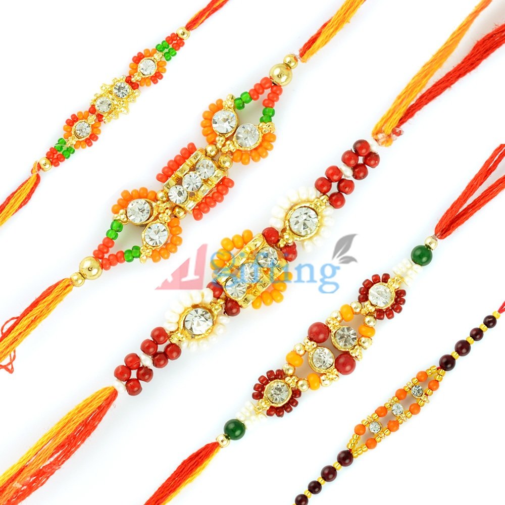 Colorful Beads Moli Special Diamond Rakhi Set of 5 Rakhis