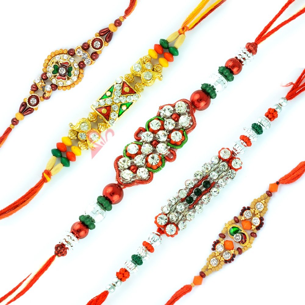 Zardosi Meenakari Diamond Beads Rakhi Set of 5 Rakhis