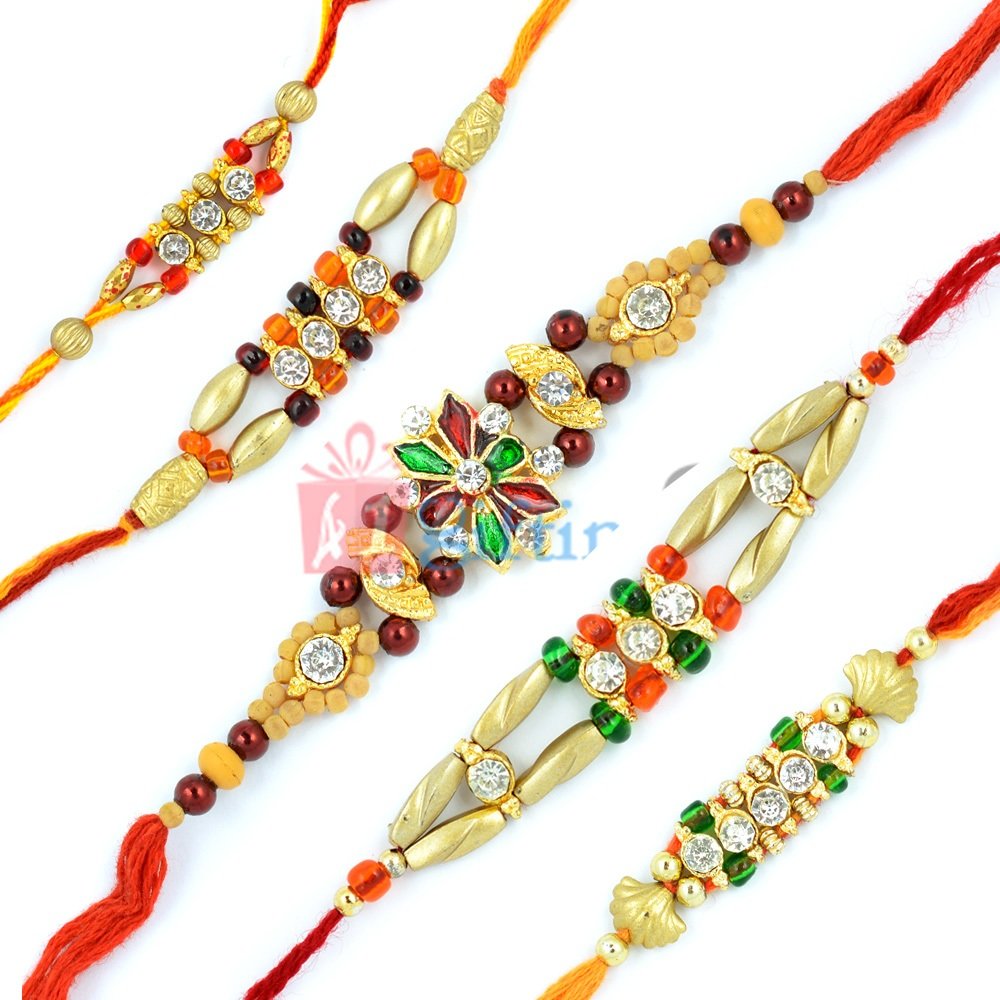 Beads Diamond Meena Rakhi Bracelet Set of 5 Rakhi Bracelets